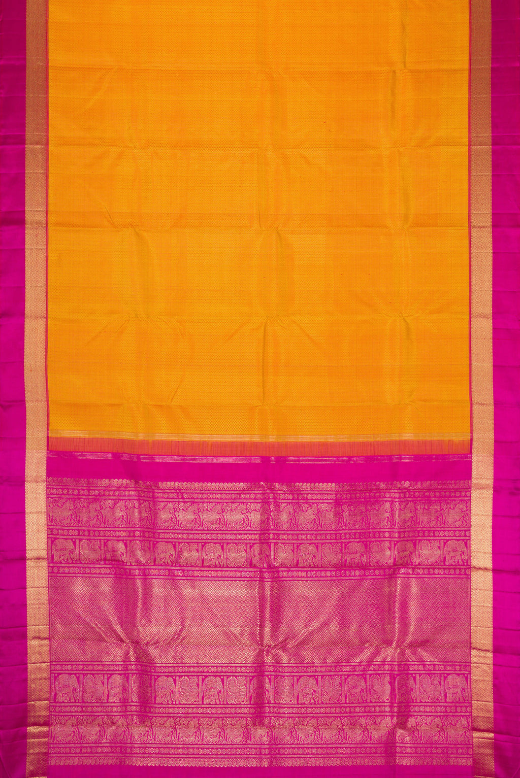 Flat view of Pure Silk Pure Zari Mustard Dual Tone Kanchipuram Saree with Jacquard design on the body and Zari And Thread Border. 