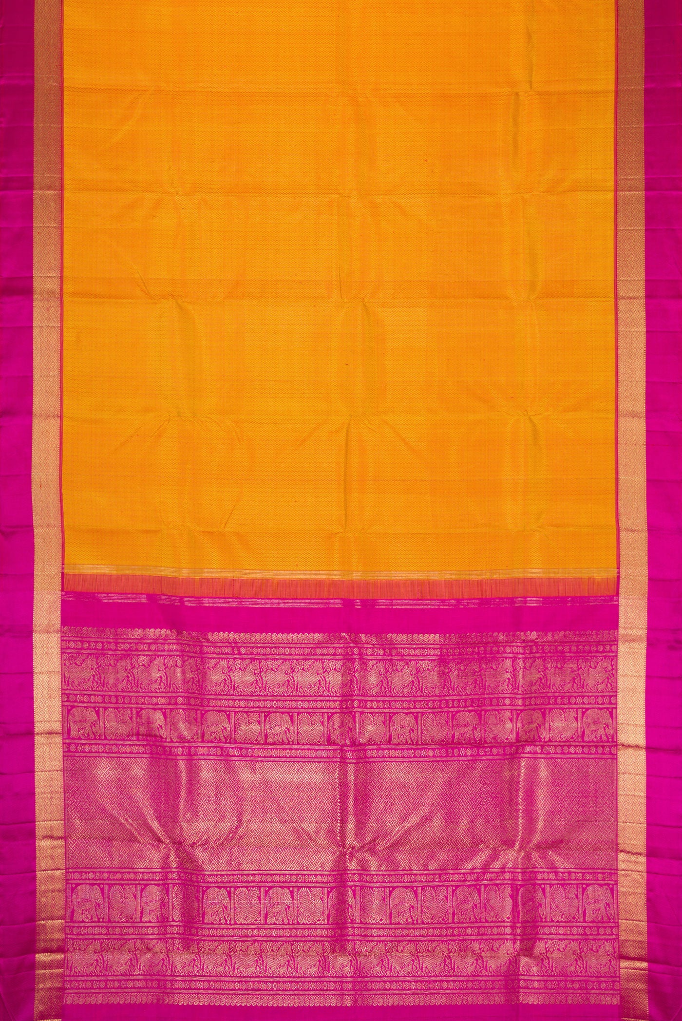 Flat view of Pure Silk Pure Zari Mustard Dual Tone Kanchipuram Saree with Jacquard design on the body and Zari And Thread Border. 