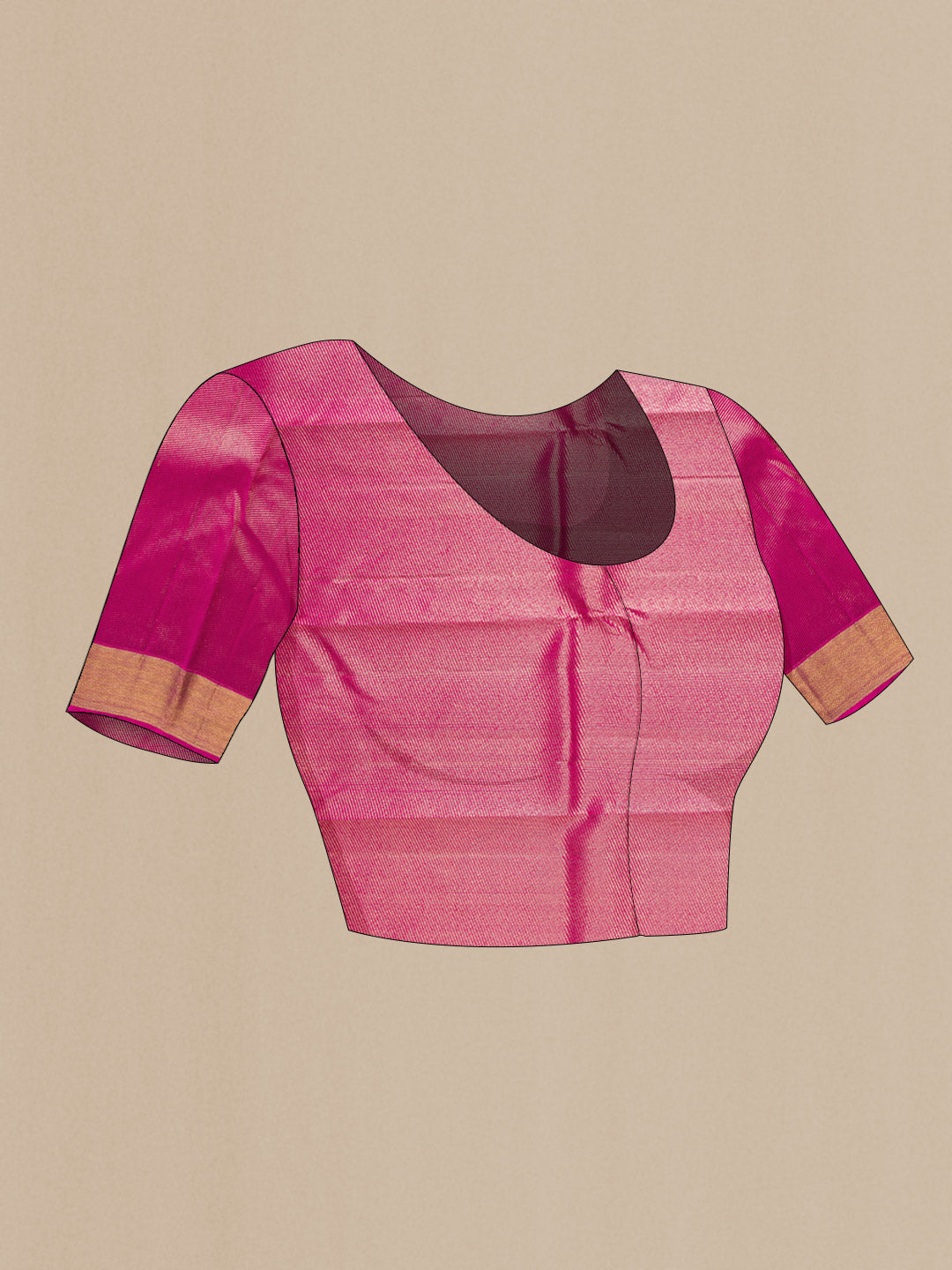 Close up image of the blouse of Pure Silk Pure Zari Pink Dual Tone Kanchipuram Saree with Zari Butta on the body and Zari Border