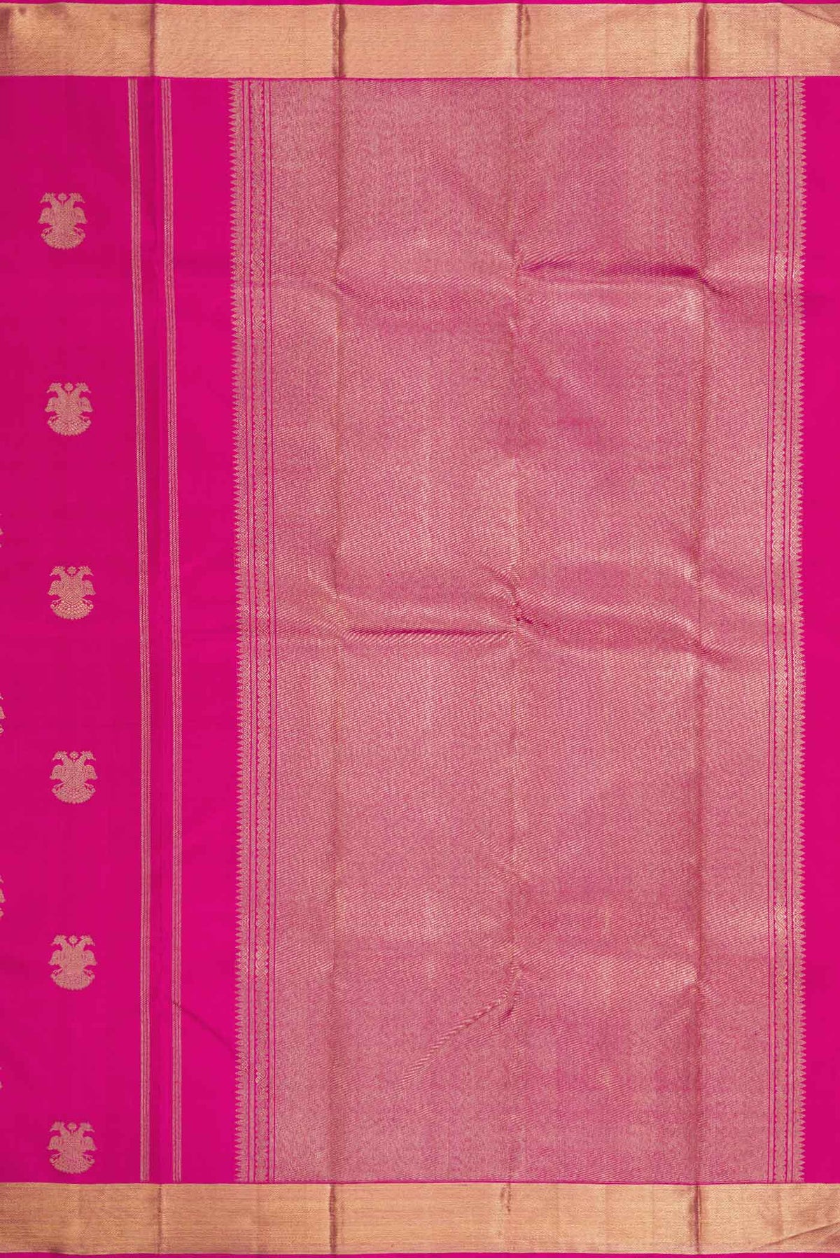 Close up image of the pallu of Pure Silk Pure Zari Pink Dual Tone Kanchipuram Saree with Zari Butta on the body and Zari Border