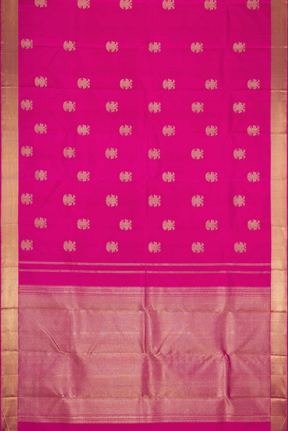 Flat view of Pure Silk Pure Zari Pink Dual Tone Kanchipuram Saree with Zari Butta on the body and Zari Border