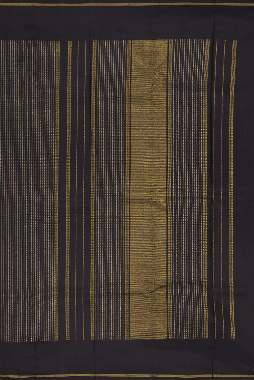 Close up image of the pallu of Pure Silk Pure Zari Black Dual Tone Kanchipuram Saree with Stripes on the body and Zari Border. 