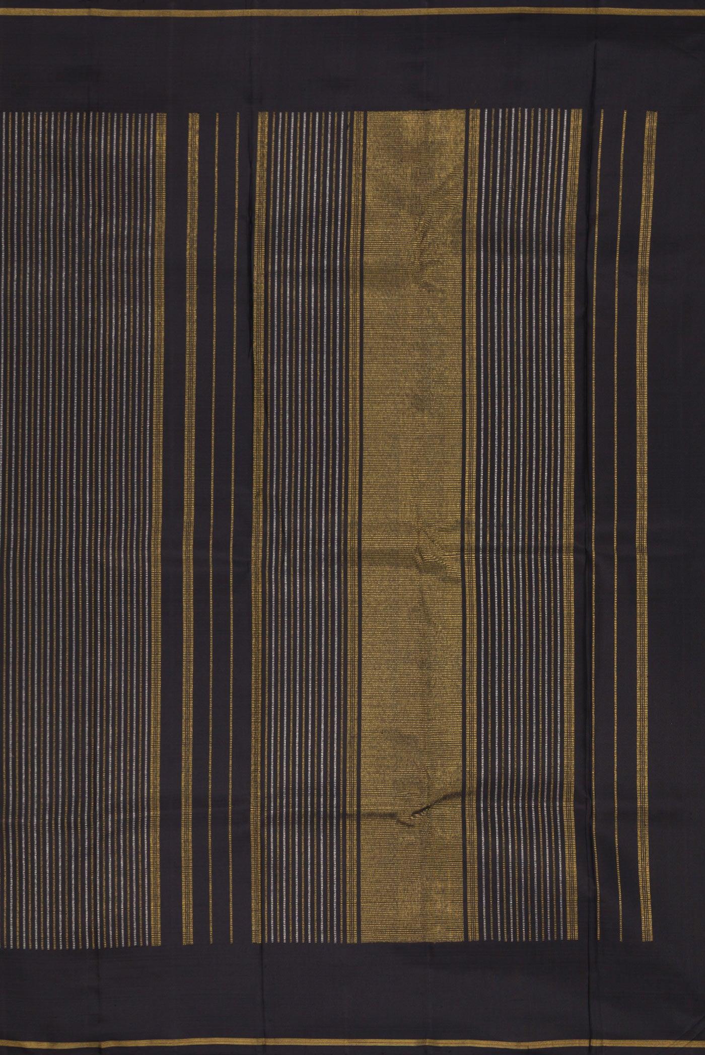 Close up image of the pallu of Pure Silk Pure Zari Black Dual Tone Kanchipuram Saree with Stripes on the body and Zari Border. 