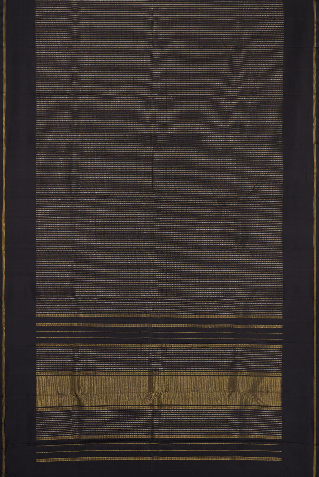 Flat view of Pure Silk Pure Zari Black Dual Tone Kanchipuram Saree with Stripes on the body and Zari Border. 