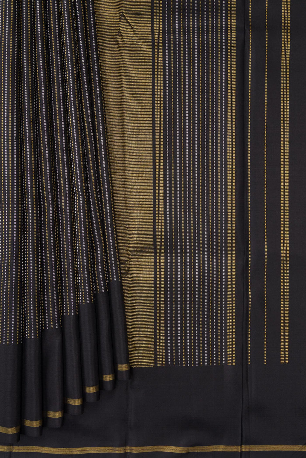 Pleats and pallu of Pure Silk Pure Zari Black Dual Tone Kanchipuram Saree with Stripes on the body and Zari Border. 