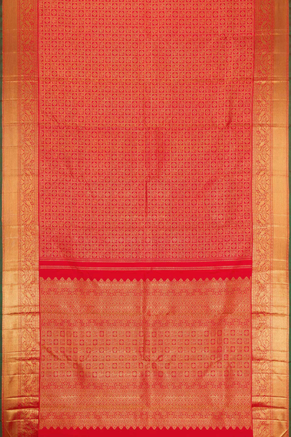 Flat view of Pure Silk Pure Zari Red Dual Tone Kanjivaram Saree with Zari Brocade on the body and Zari Border. 