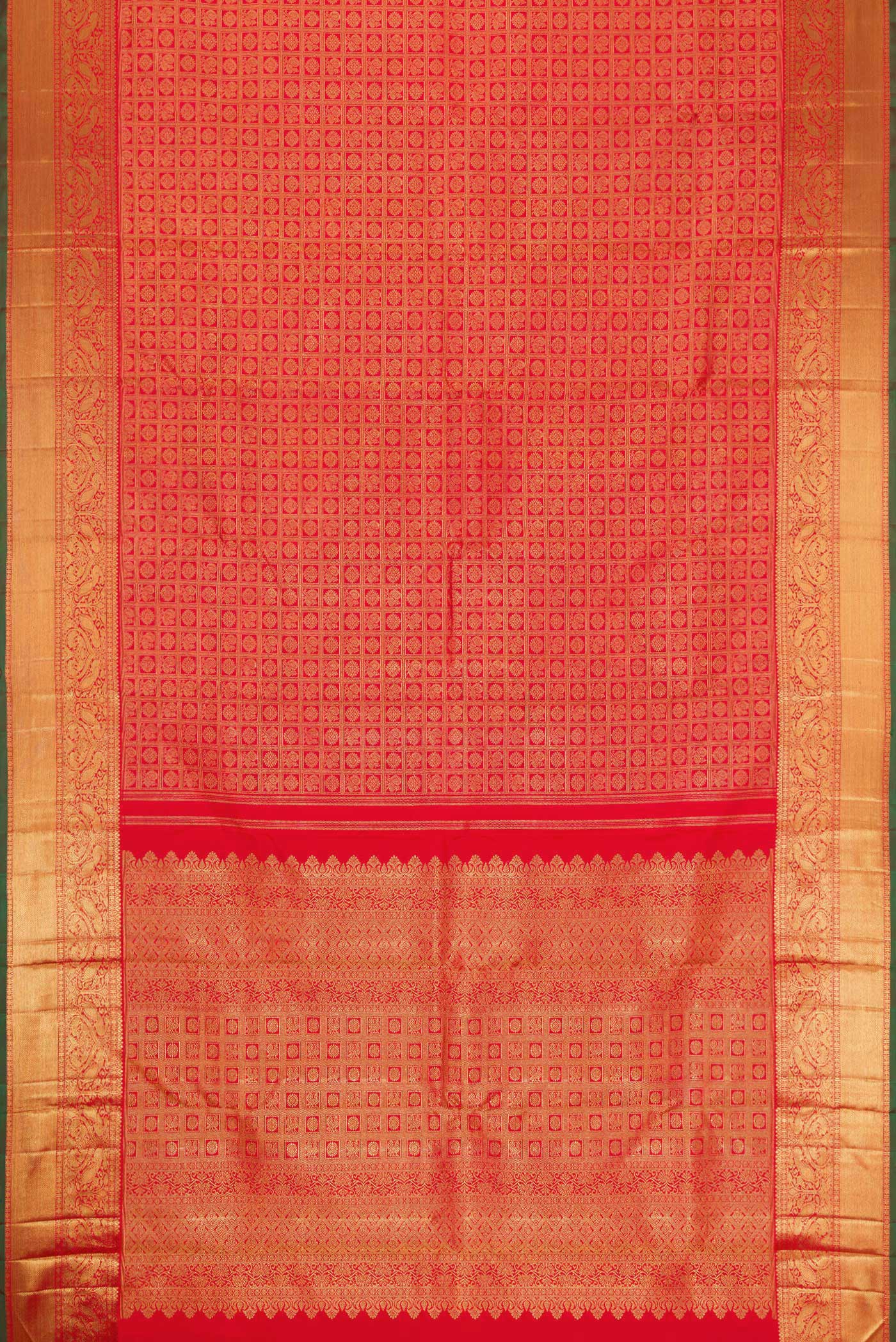 Flat view of Pure Silk Pure Zari Red Dual Tone Kanjivaram Saree with Zari Brocade on the body and Zari Border. 