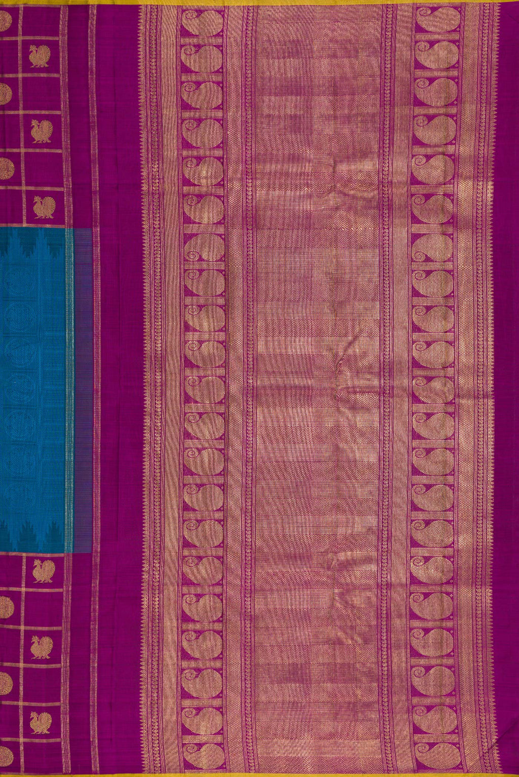 Close up image of the pallu of Pure Silk Pure Zari Peacock Blue Dual Tone Kanchipuram Saree with Jacquard design on the body and Checks Border. 