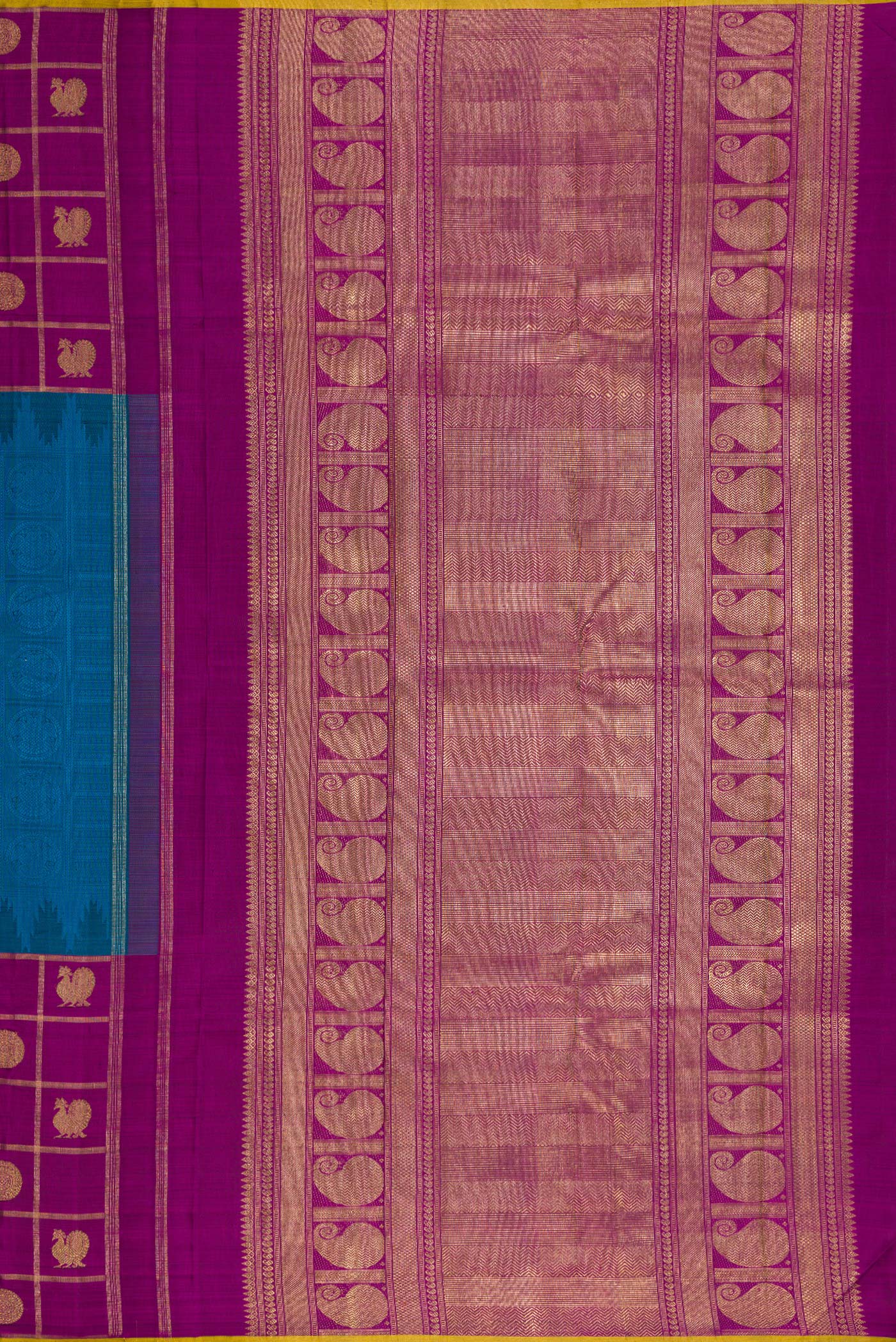 Close up image of the pallu of Pure Silk Pure Zari Peacock Blue Dual Tone Kanchipuram Saree with Jacquard design on the body and Checks Border. 