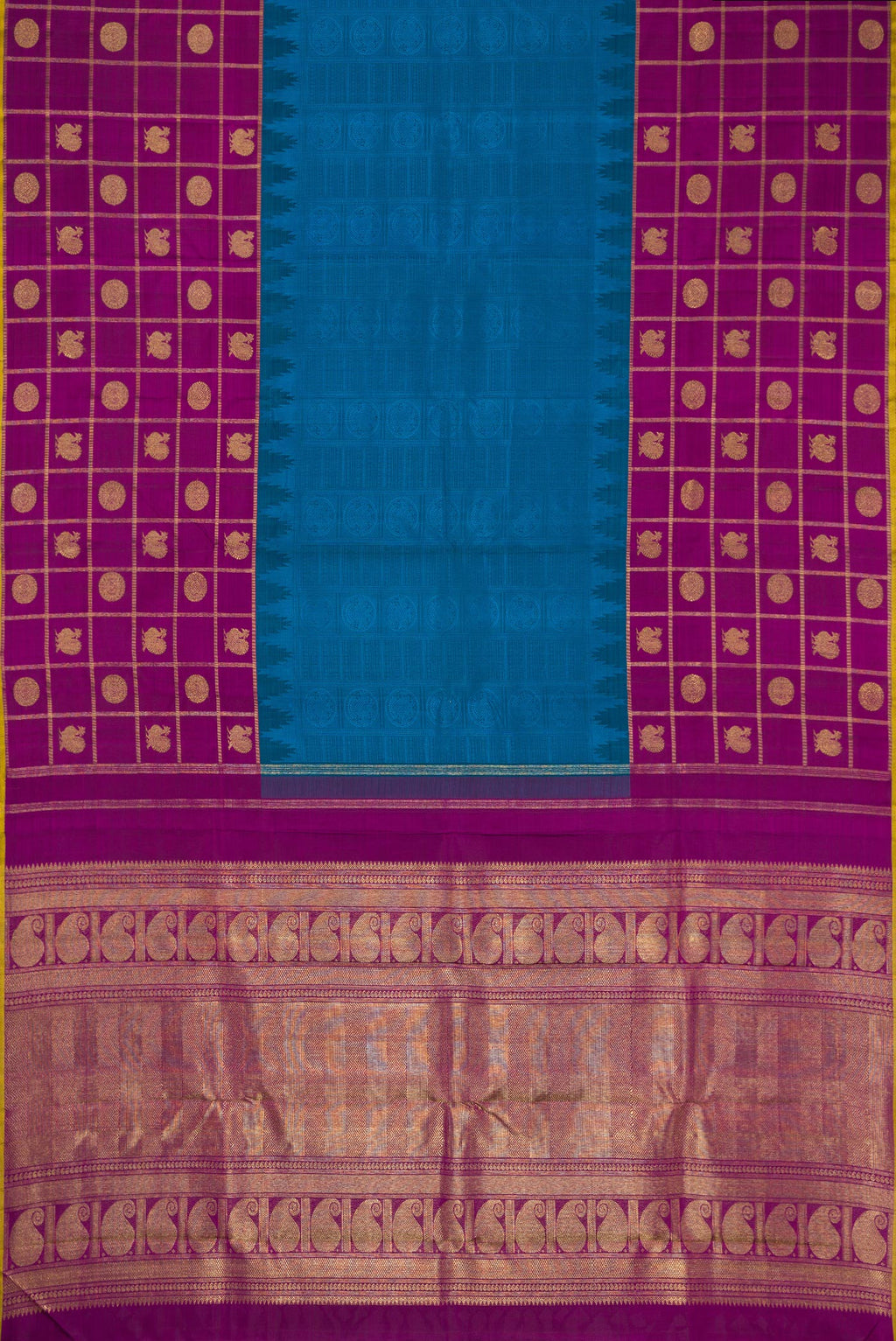 Flat view of Pure Silk Pure Zari Peacock Blue Dual Tone Kanchipuram Saree with Jacquard design on the body and Checks Border. 