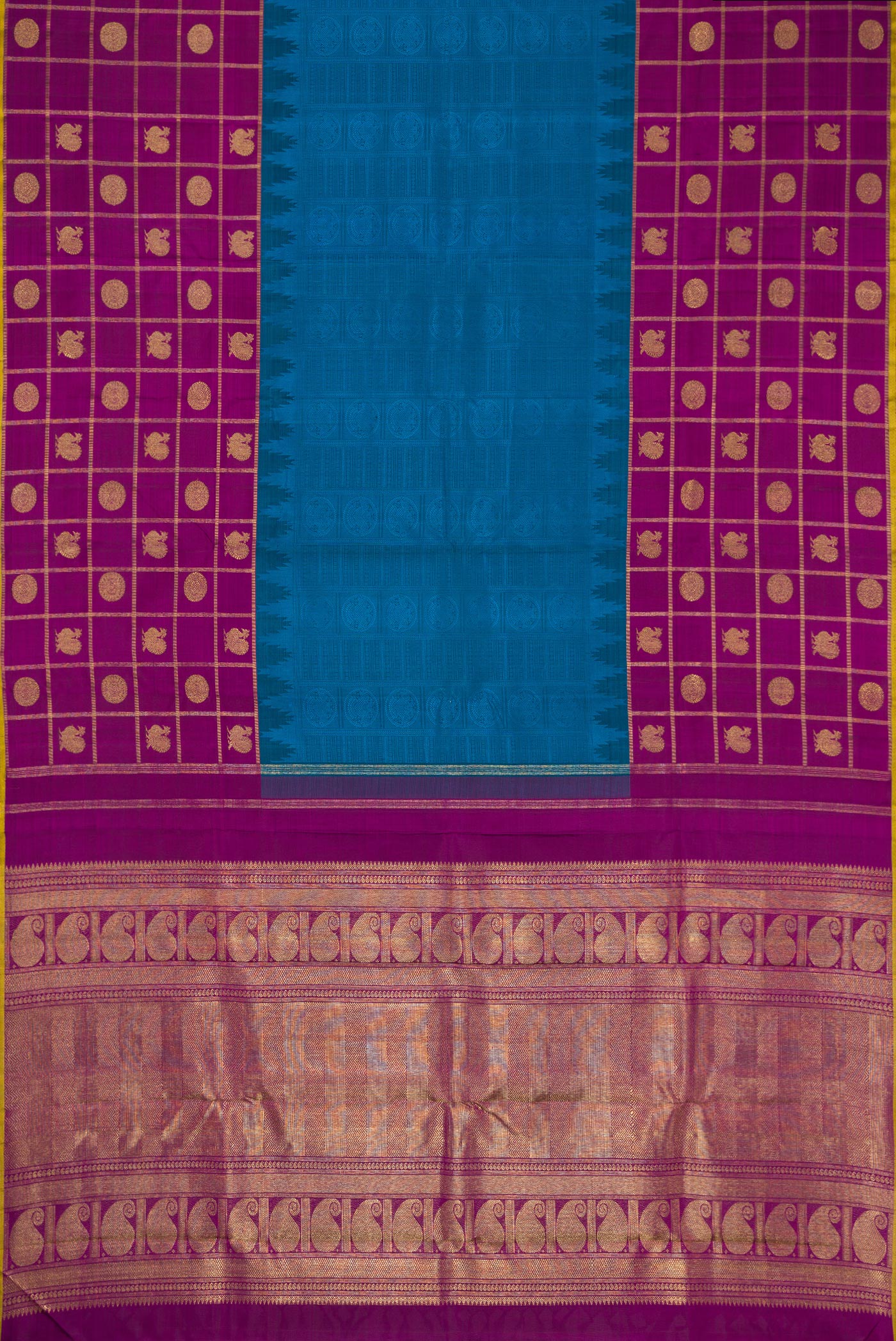 Flat view of Pure Silk Pure Zari Peacock Blue Dual Tone Kanchipuram Saree with Jacquard design on the body and Checks Border. 