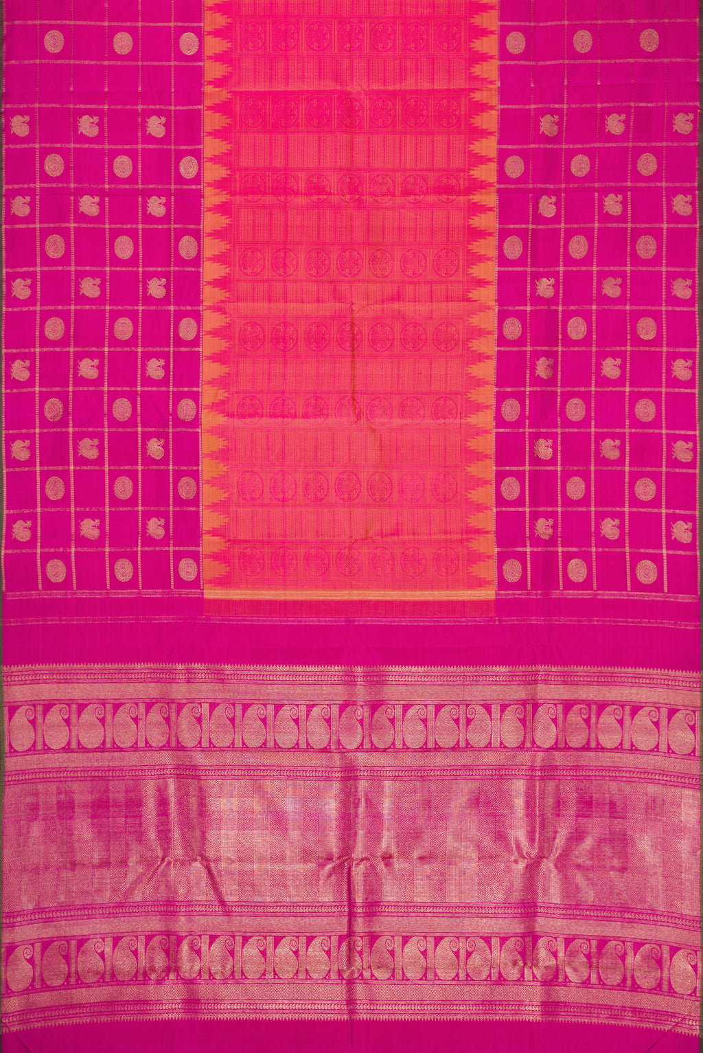 Flat view of Pure Silk Pure Zari Coral Dual Tone Kanchipuram Saree with Jacquard design on the body and Checks Border. 