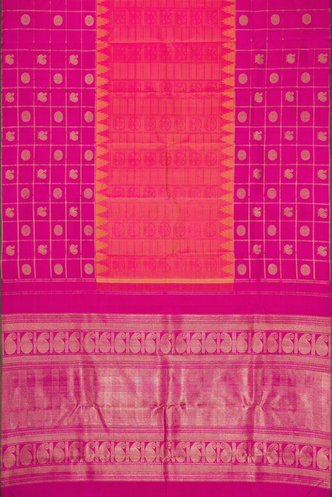 Flat view of Pure Silk Pure Zari Coral Dual Tone Kanchipuram Saree with Jacquard design on the body and Checks Border. 
