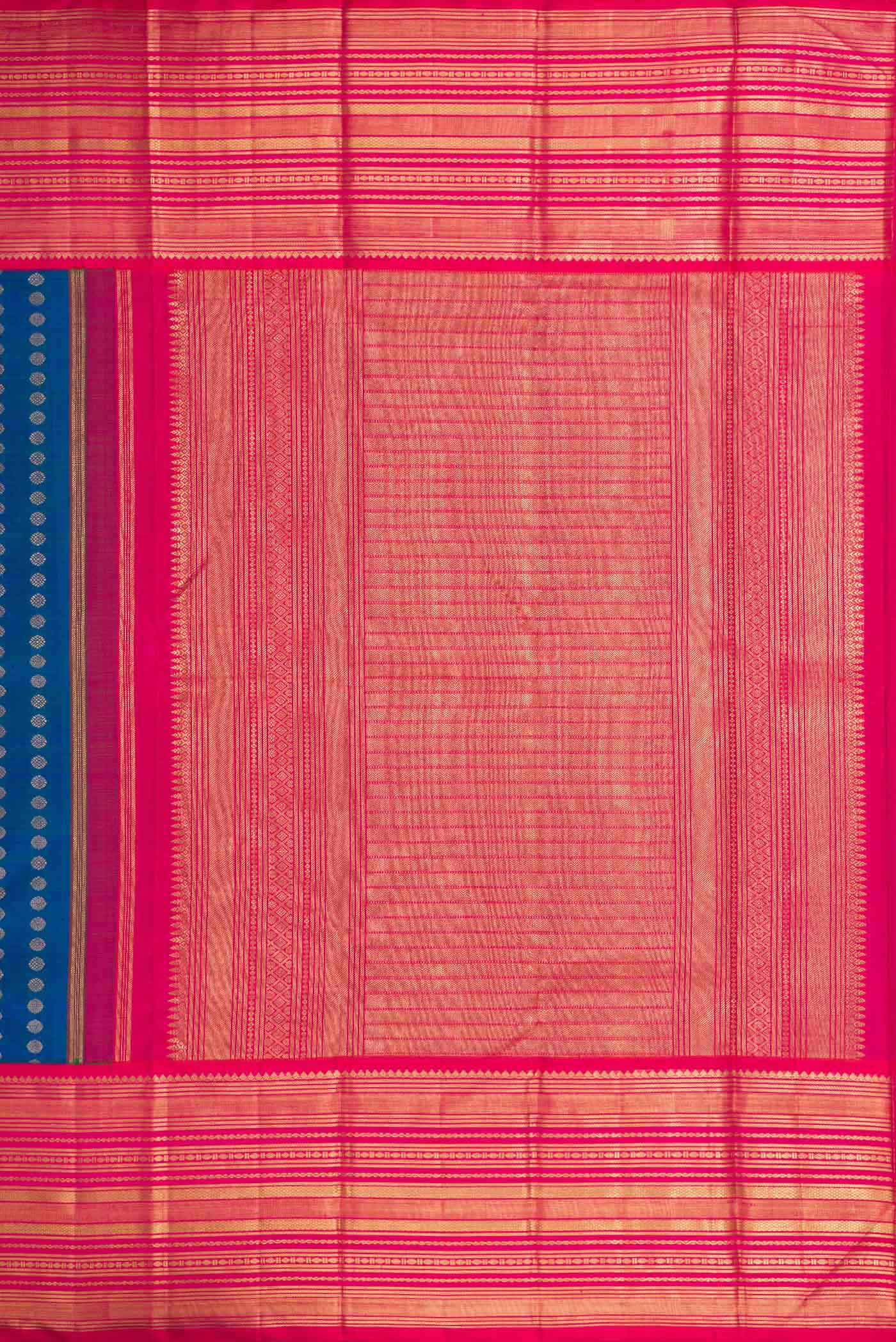 Close up image of the pallu of Pure Silk Pure Zari Peacock Blue Dual Tone Kanchipuram Saree with Zari Butta on the body and Zari Border