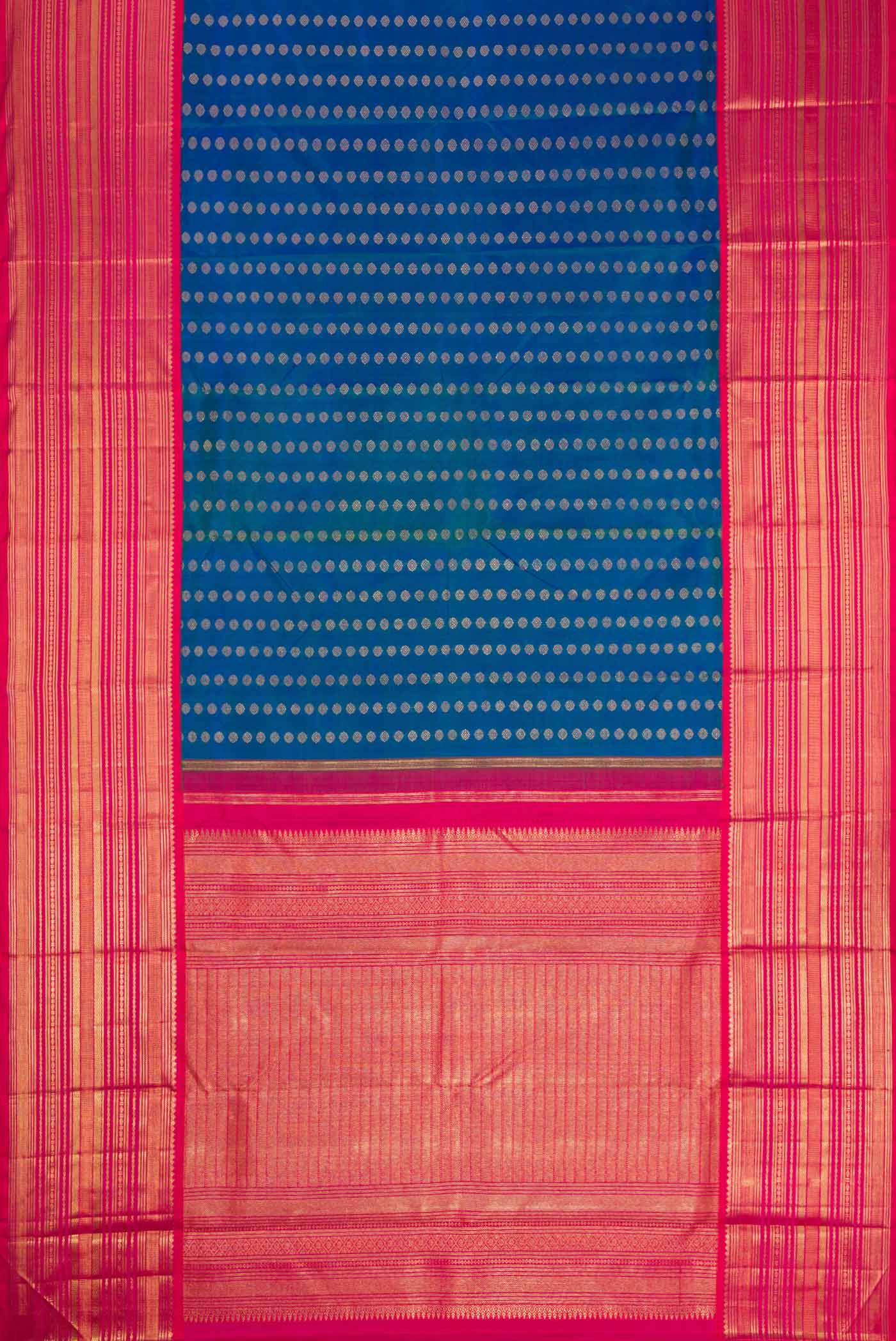 Flat view of Pure Silk Pure Zari Peacock Blue Dual Tone Kanchipuram Saree with Zari Butta on the body and Zari Border