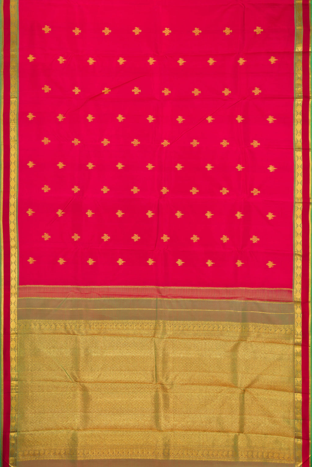 Flat view of Deep Red Kanchipuram Silk Saree with Zari Butta on the body and Zari Border. 