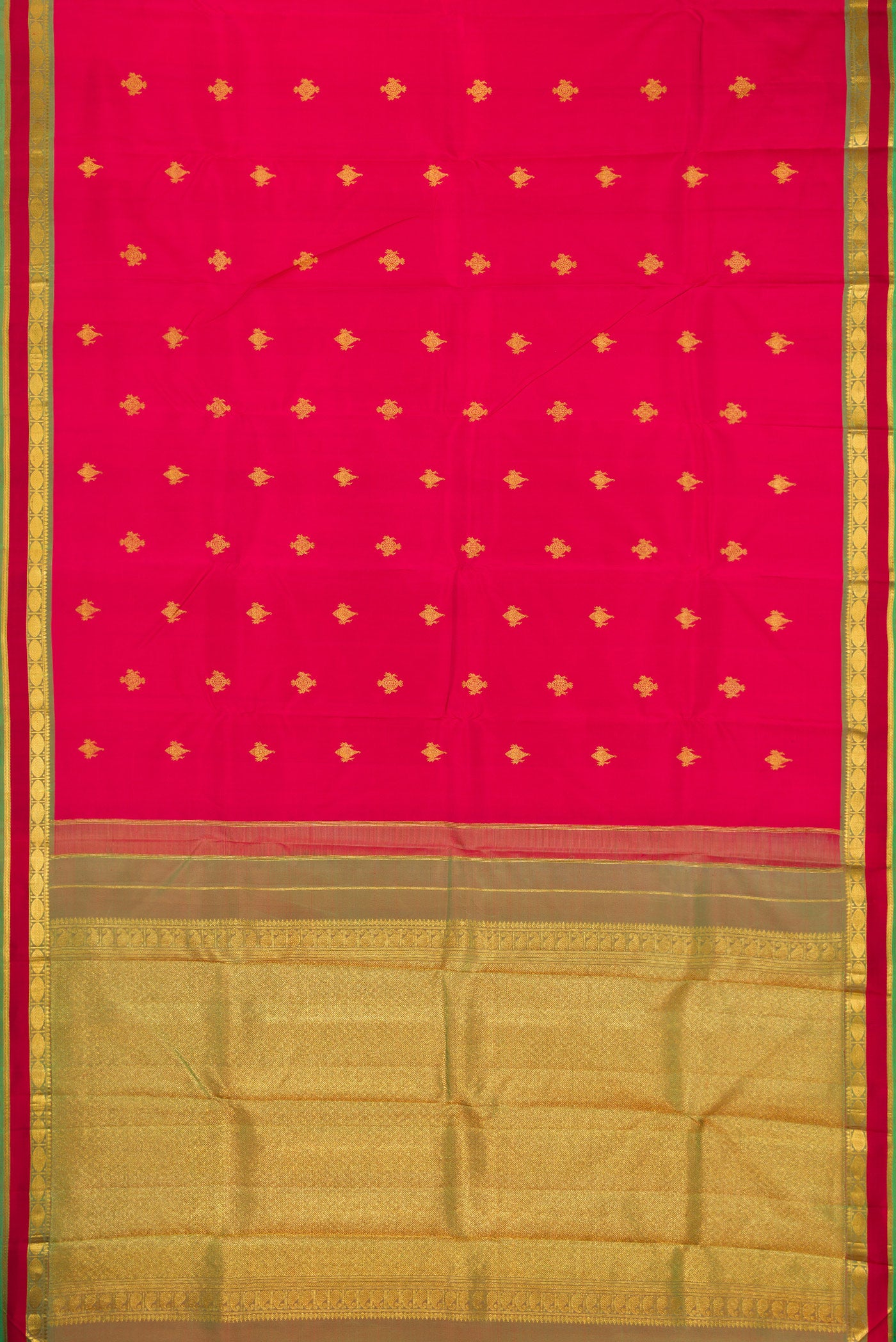 Flat view of Deep Red Kanchipuram Silk Saree with Zari Butta on the body and Zari Border. 