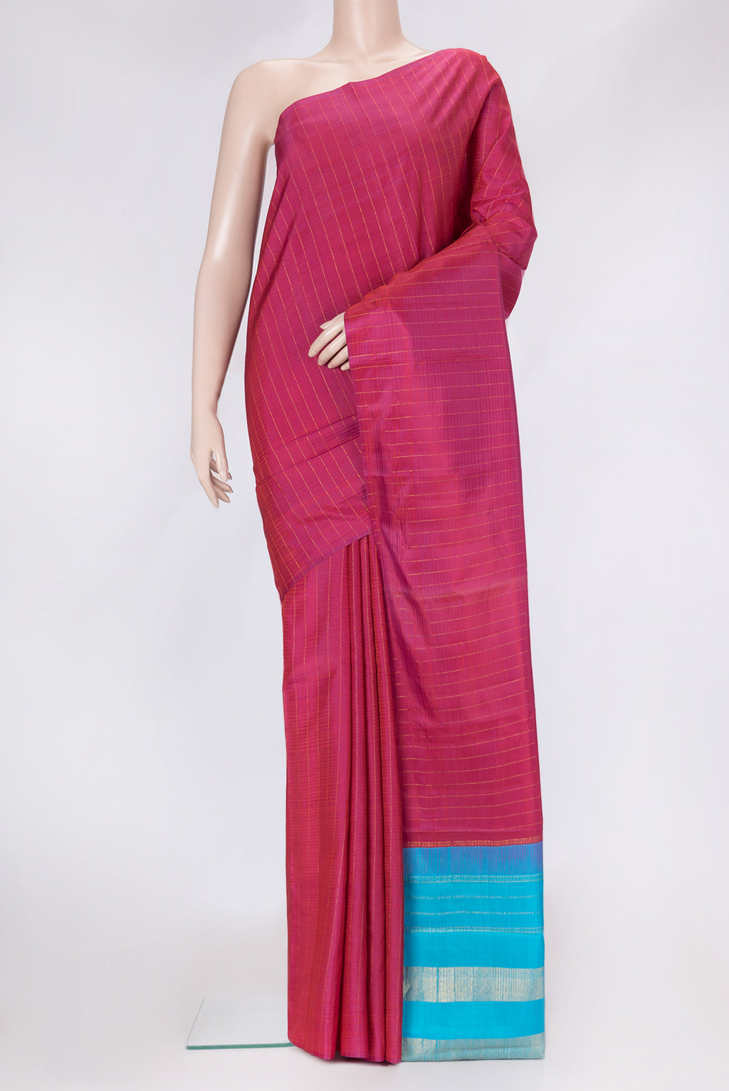 Pink Dual Tone Kanjivaram Silk Saree with Stripes on the body and Without Border.  displayed on a mannequin
