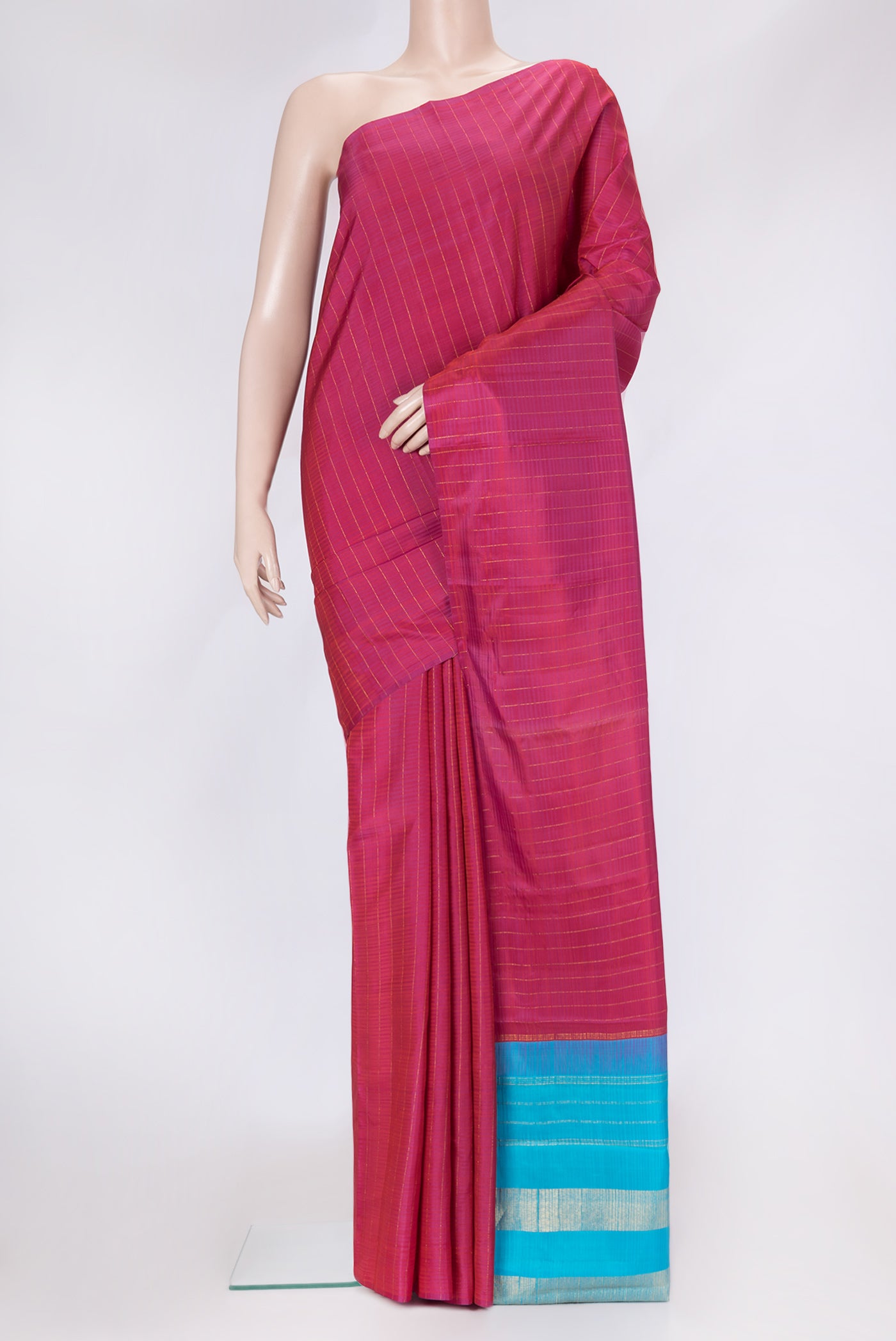 Pink Dual Tone Kanjivaram Silk Saree with Stripes on the body and Without Border.  displayed on a mannequin