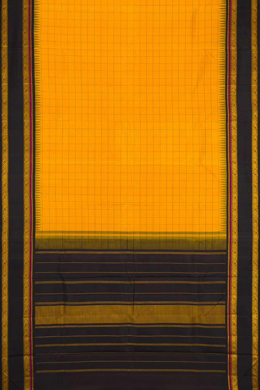 Flat view of Mustard Dual Tone Kanchipuram Silk Saree with Checked design on the body and Thread Border. 