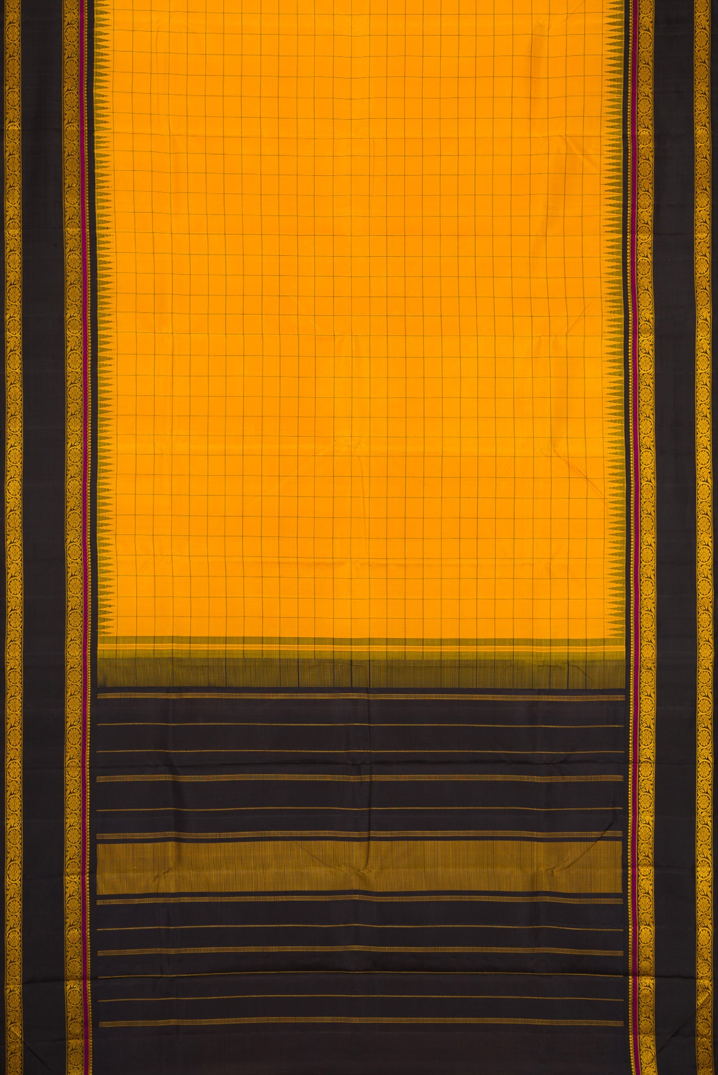 Flat view of Mustard Dual Tone Kanchipuram Silk Saree with Checked design on the body and Thread Border. 