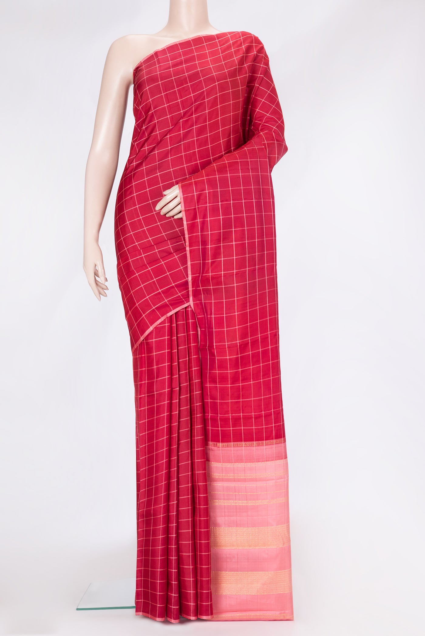 Maroon Dual Tone Kanjivaram Silk Saree with Checked design on the body and Without Border.  displayed on a mannequin