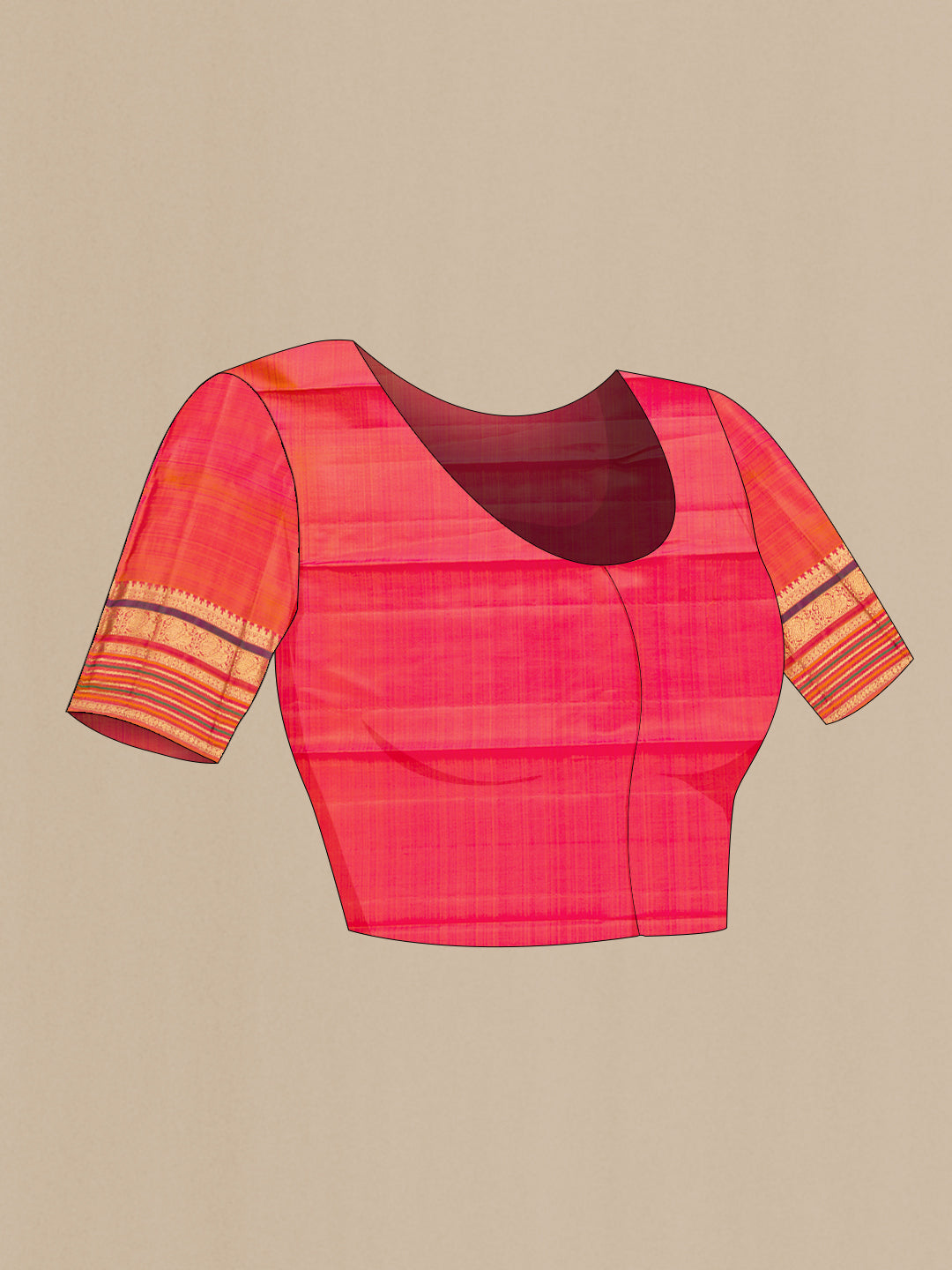 Close up image of the blouse of Pure Silk Pure Zari Rose Gold Dual Tone Kanchipuram Saree with Zari Butta on the body and Zari And Thread Border. 