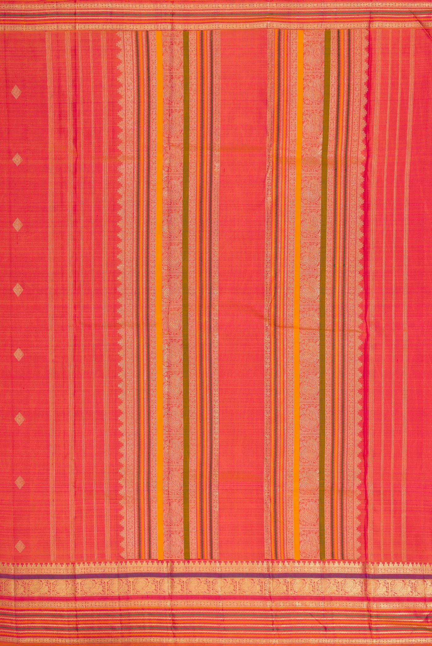 Close up image of the pallu of Pure Silk Pure Zari Rose Gold Dual Tone Kanchipuram Saree with Zari Butta on the body and Zari And Thread Border. 