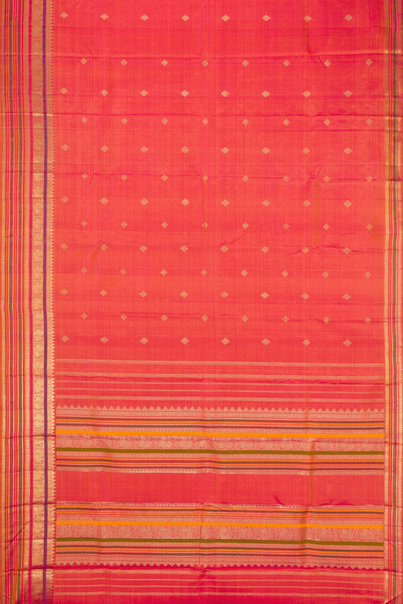 Flat view of Pure Silk Pure Zari Rose Gold Dual Tone Kanchipuram Saree with Zari Butta on the body and Zari And Thread Border. 