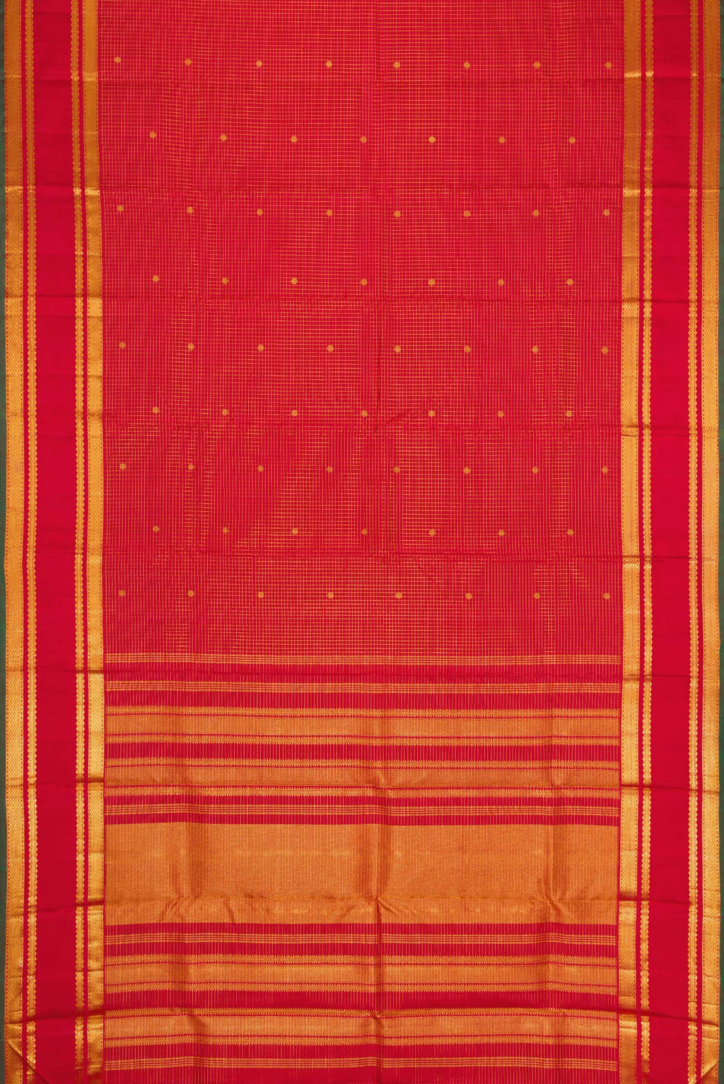 Flat view of Deep Red Dual Tone Kanjivaram Silk Saree with Checked design on the body and Zari Border. 