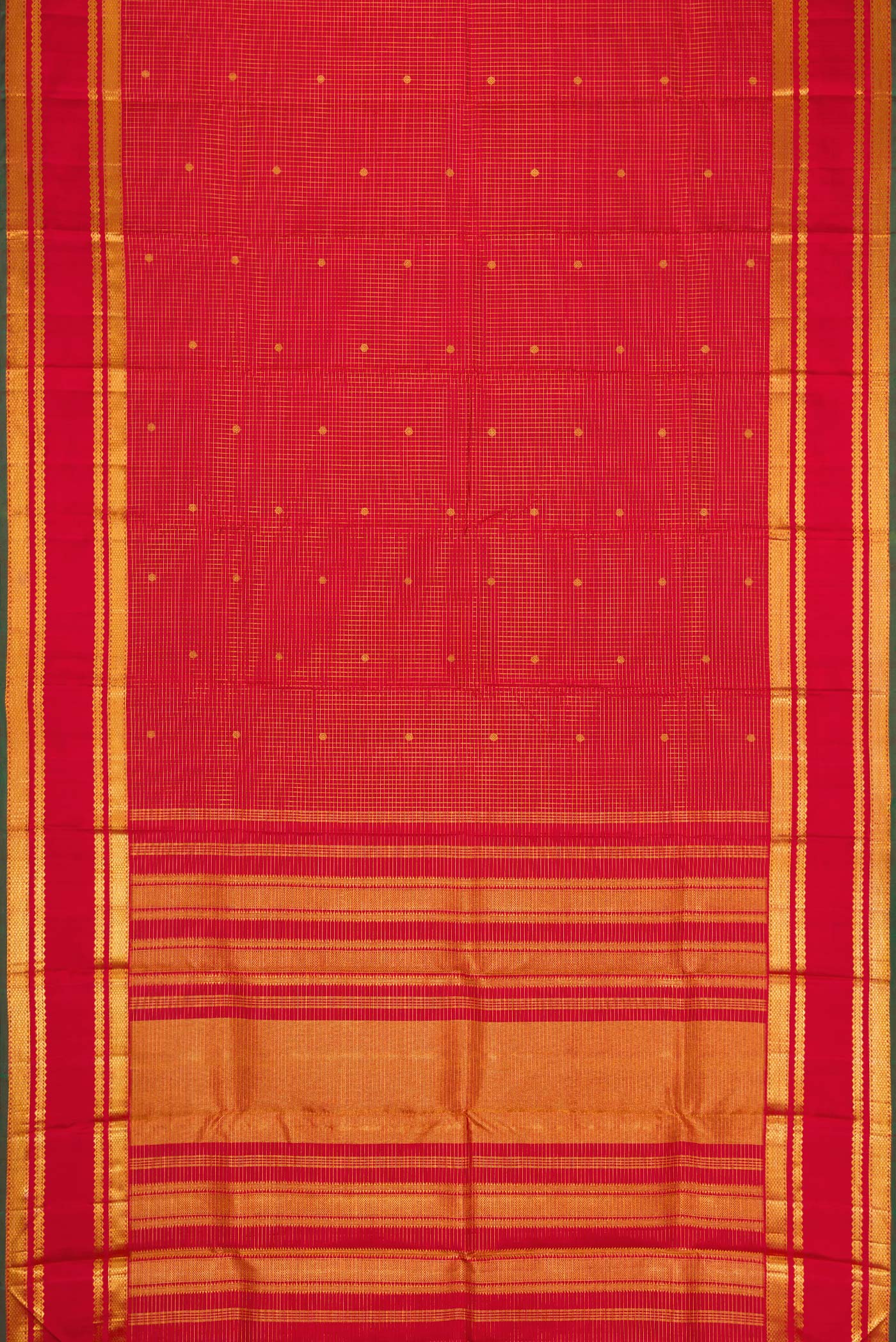 Flat view of Deep Red Dual Tone Kanjivaram Silk Saree with Checked design on the body and Zari Border. 