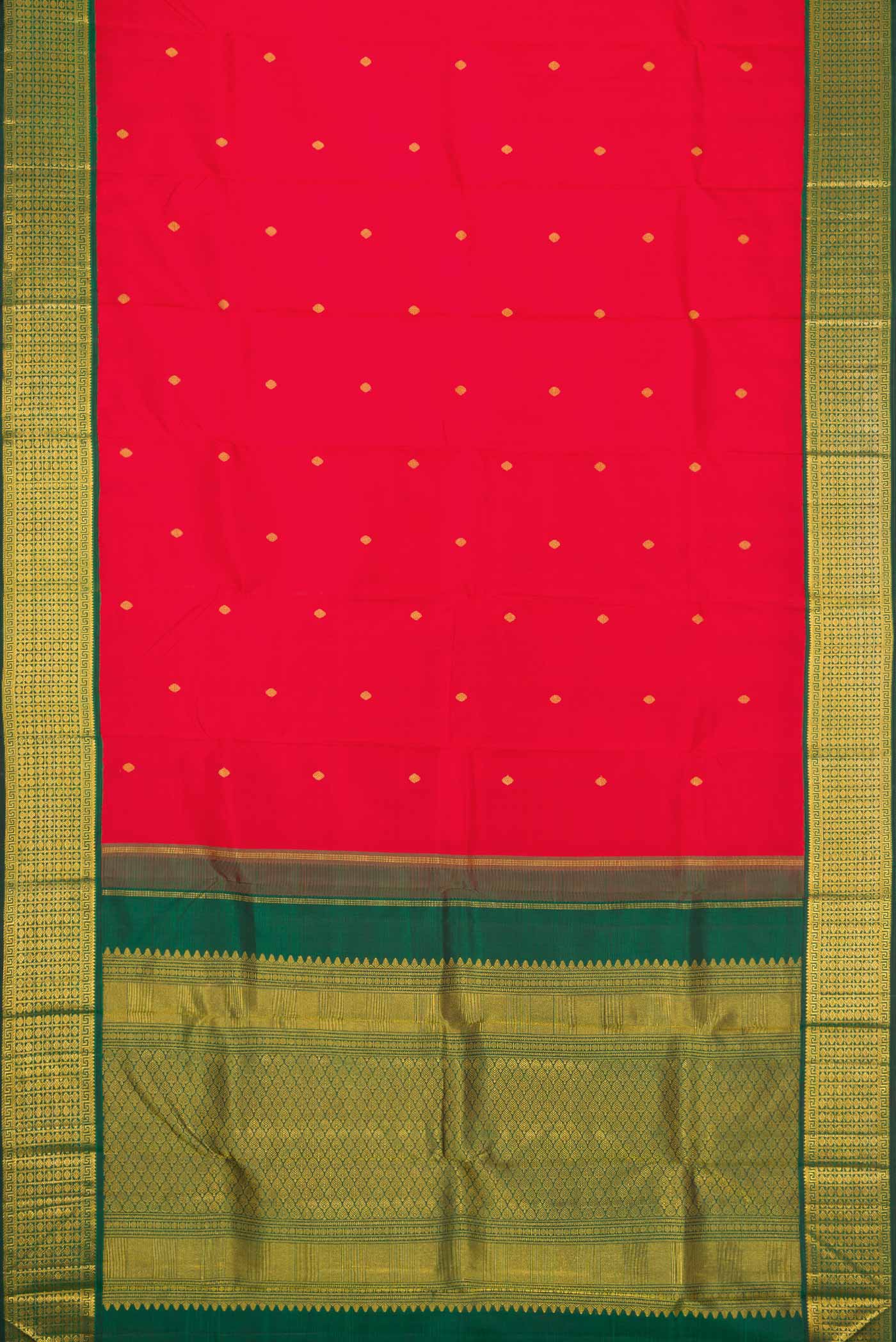 Flat view of Red Dual Tone Kanchipuram Silk Saree with Zari Butta on the body and Zari Border