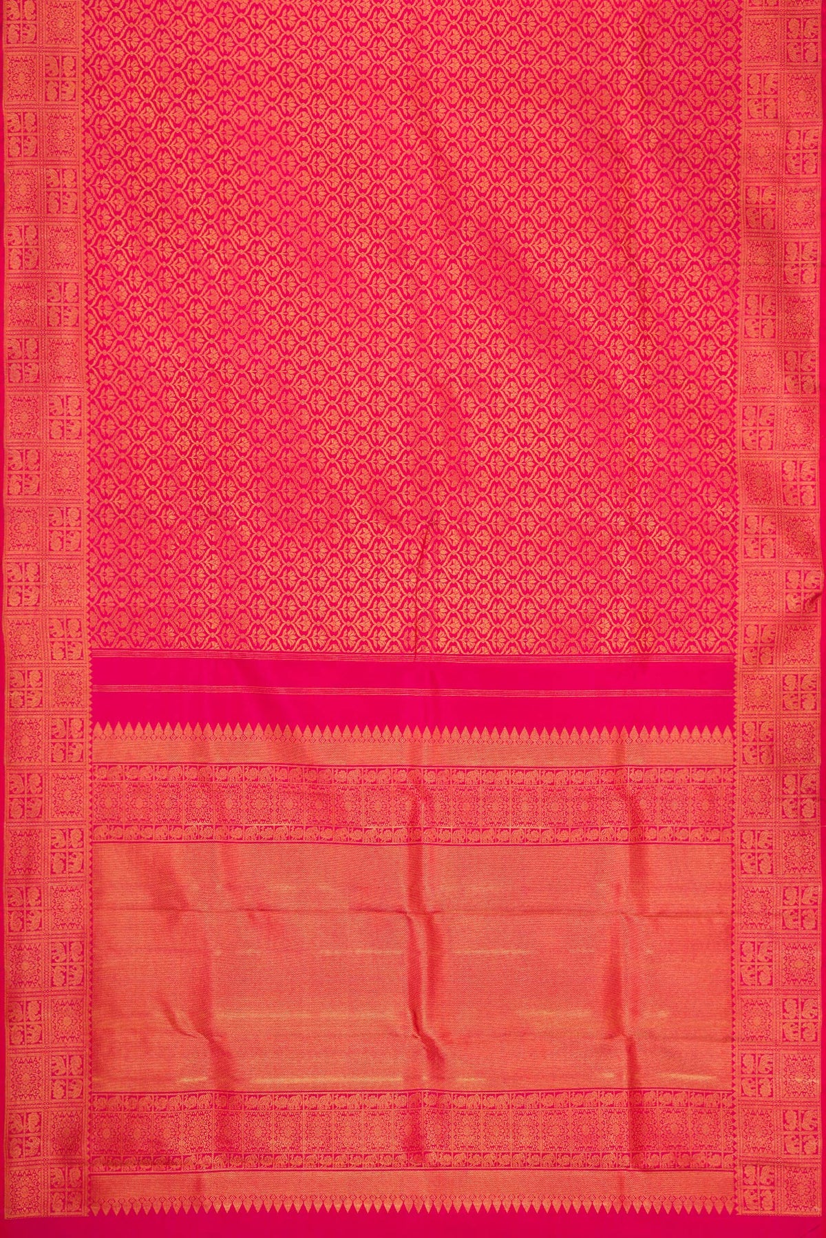 Flat view of Pink Dual Tone Kanchipuram Silk Saree with Zari Brocade on the body and Zari Border. 