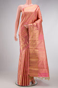 Pure Silk Pure Zari Pink Dual Tone Kanjivaram Saree with Zari Brocade on the body and Zari Border.  displayed on a mannequin