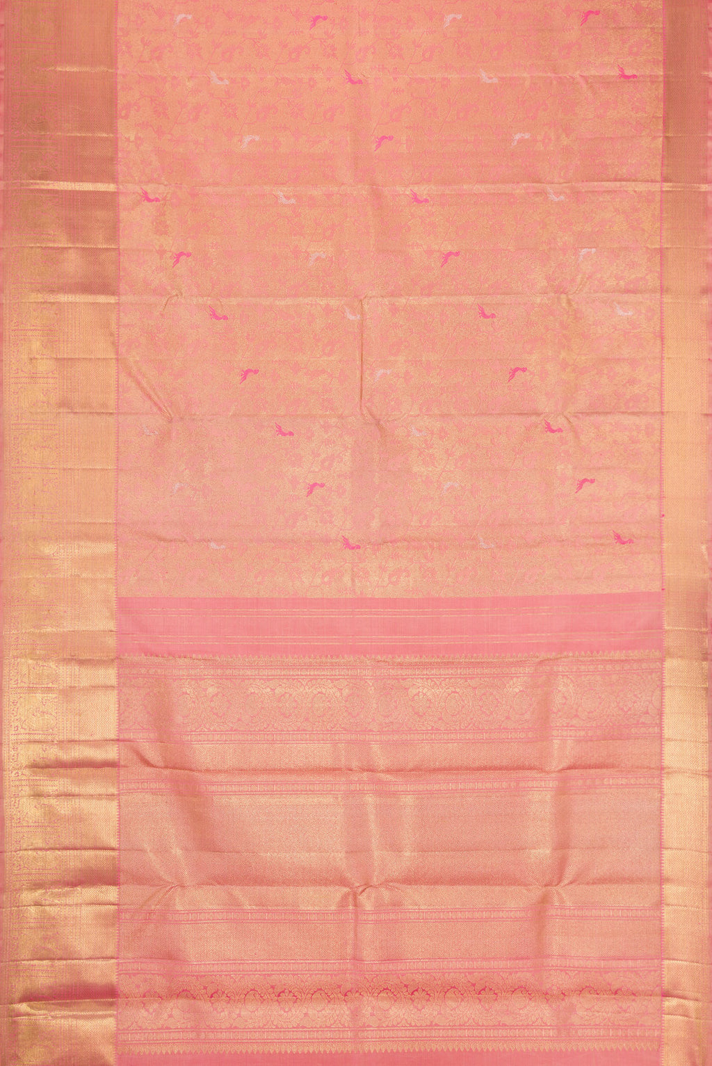 Flat view of Pure Silk Pure Zari Pink Dual Tone Kanjivaram Saree with Zari Brocade on the body and Zari Border. 