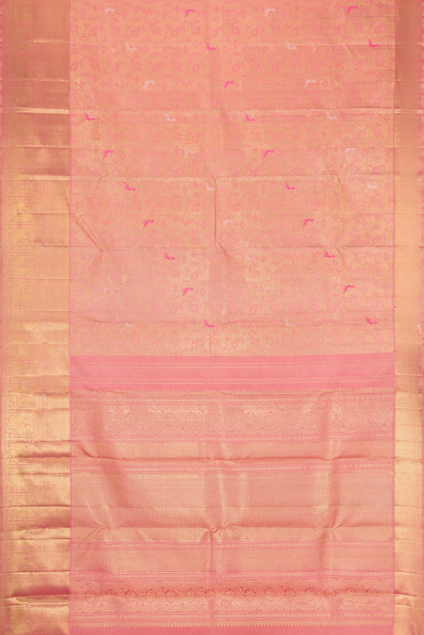 Flat view of Pure Silk Pure Zari Pink Dual Tone Kanjivaram Saree with Zari Brocade on the body and Zari Border. 