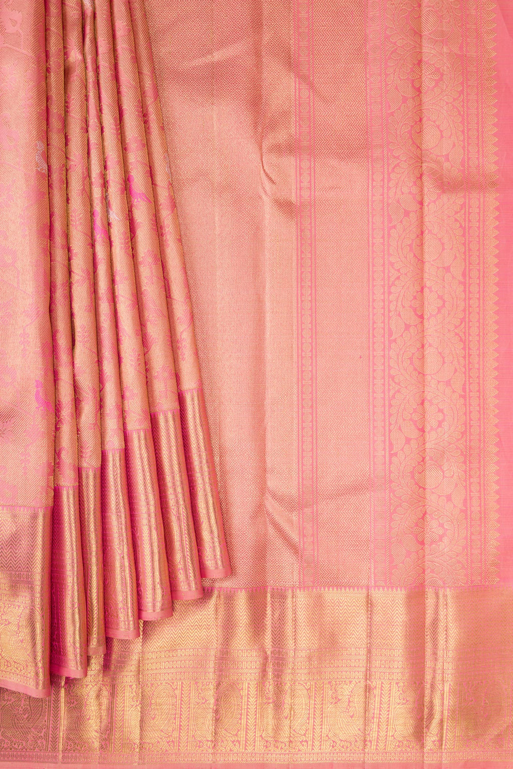 Pleats and pallu of Pure Silk Pure Zari Pink Dual Tone Kanjivaram Saree with Zari Brocade on the body and Zari Border. 