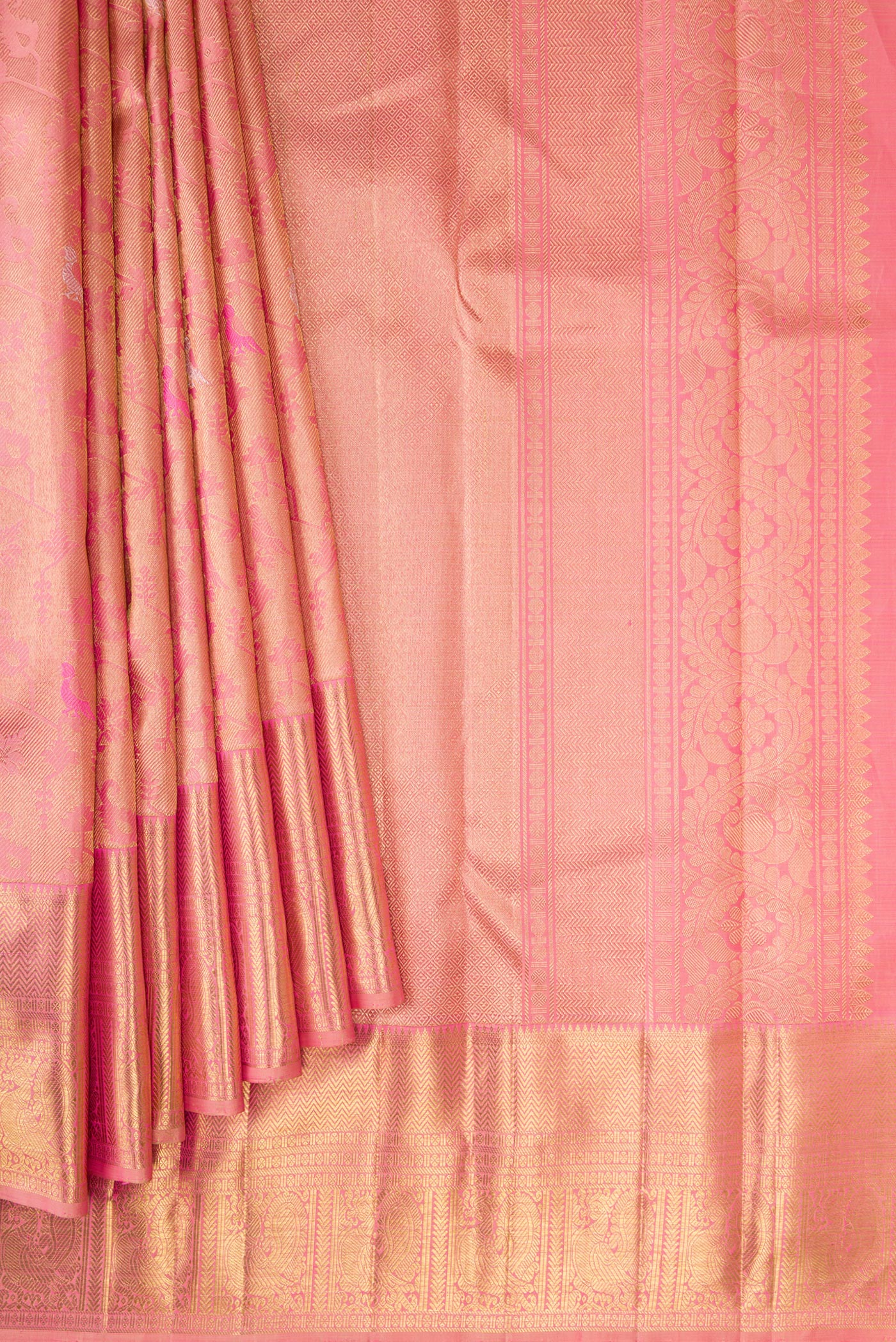 Pleats and pallu of Pure Silk Pure Zari Pink Dual Tone Kanjivaram Saree with Zari Brocade on the body and Zari Border. 