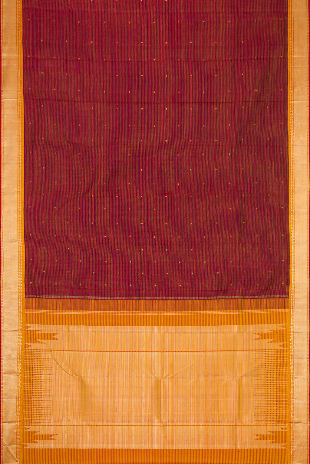 Flat view of Pure Silk Pure Zari Maroon Dual Tone Kanchipuram Saree with Zari And Thread Butta on the body and Thread Border. 