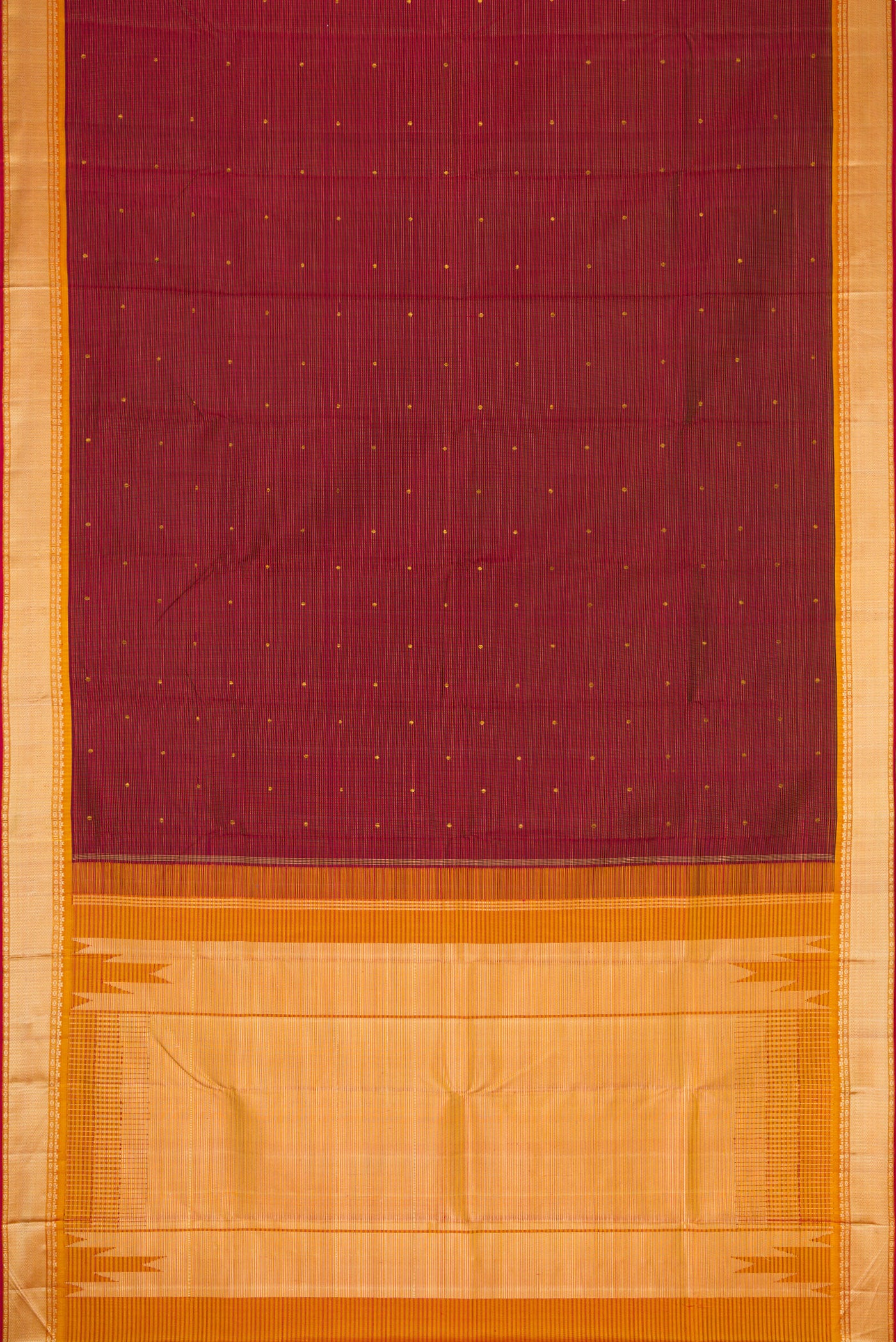 Flat view of Pure Silk Pure Zari Maroon Dual Tone Kanchipuram Saree with Zari And Thread Butta on the body and Thread Border. 