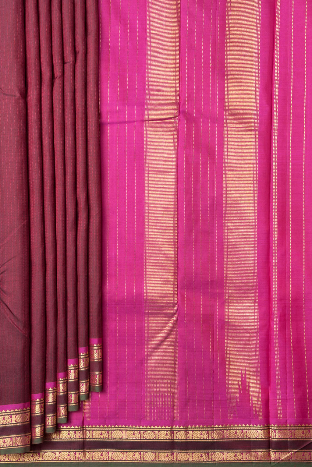 Pleats and pallu of Maroon Dual Tone Kanjivaram Silk Saree with Stripes on the body and Zari Border. 