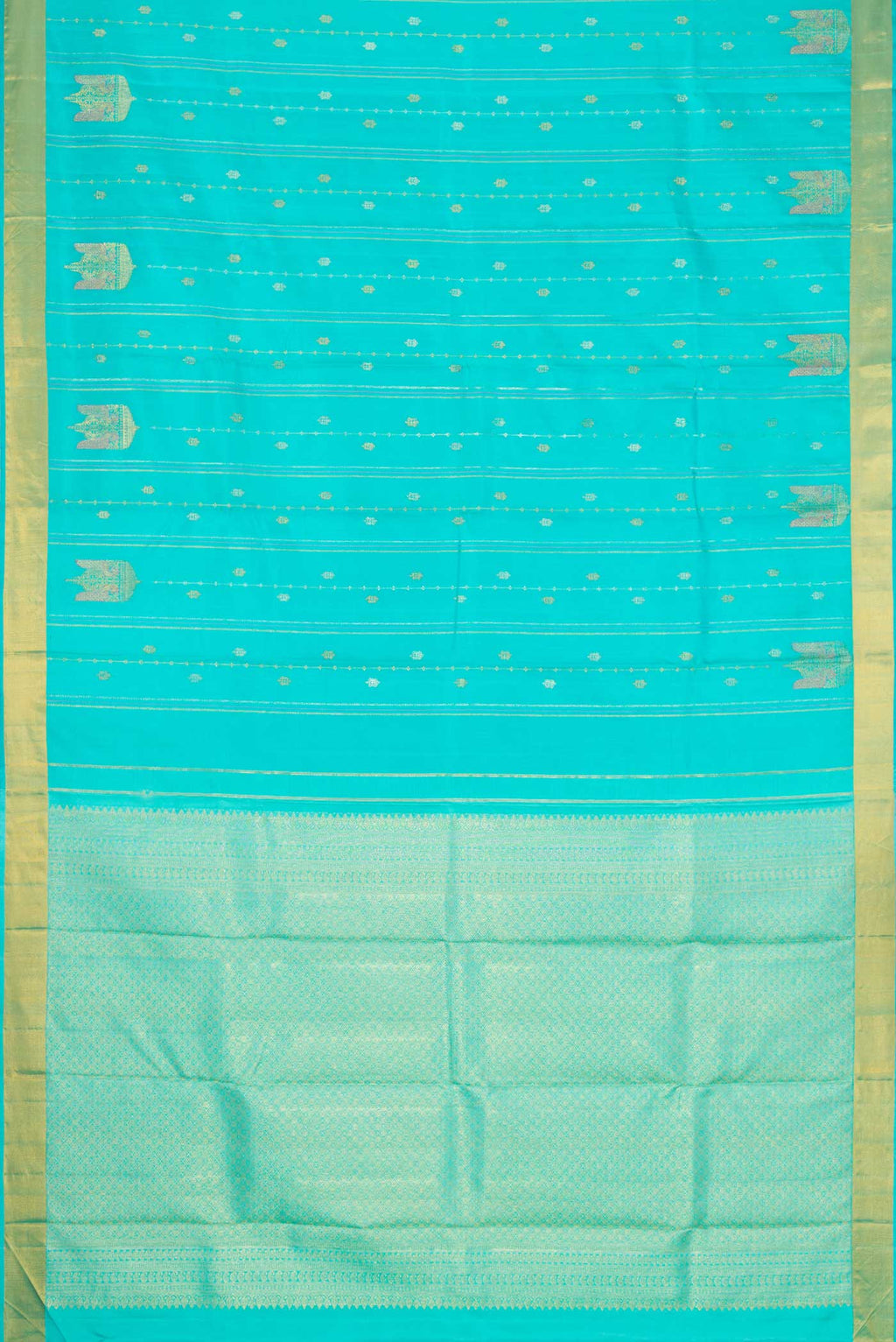 Flat view of Sky Blue Dual Tone Kanchipuram Silk Saree with Stripes on the body and Fancy Border. 
