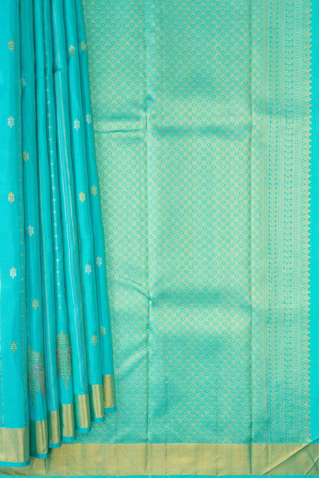 Pleats and pallu of Sky Blue Dual Tone Kanchipuram Silk Saree with Stripes on the body and Fancy Border. 