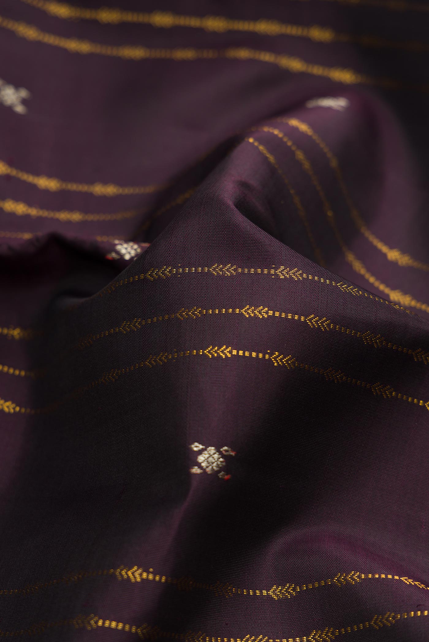 Close up of Coffee Brown Dual Tone Kanjivaram Silk Saree with Stripes on the body and Zari Border.  displaying folds