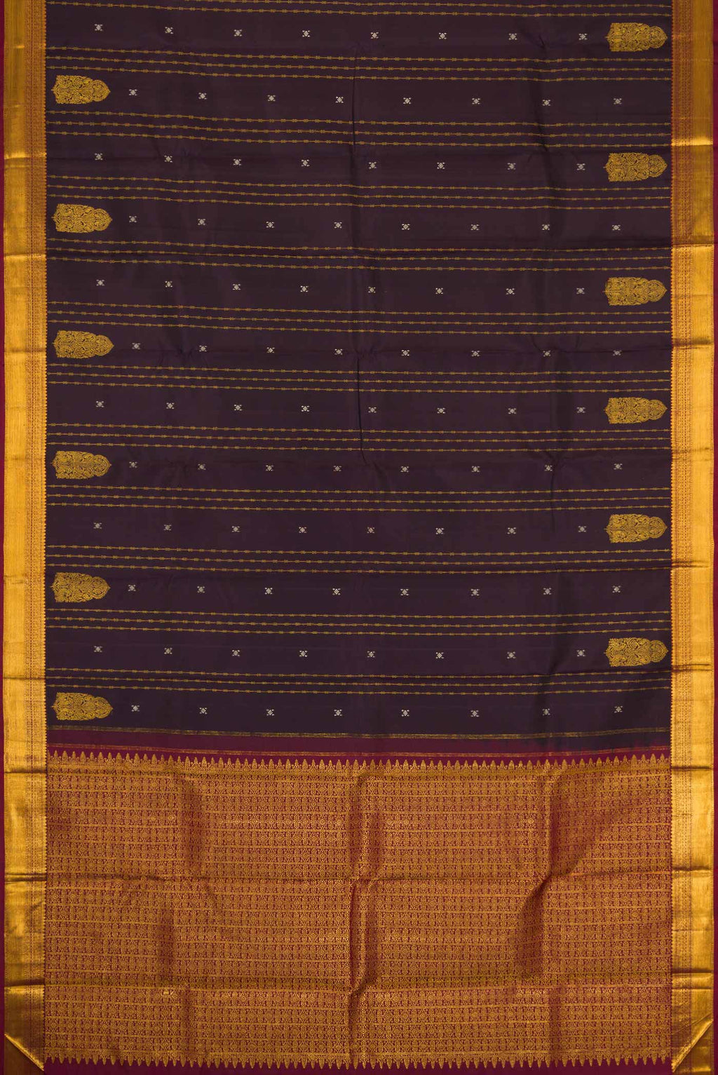 Flat view of Coffee Brown Dual Tone Kanjivaram Silk Saree with Stripes on the body and Zari Border. 