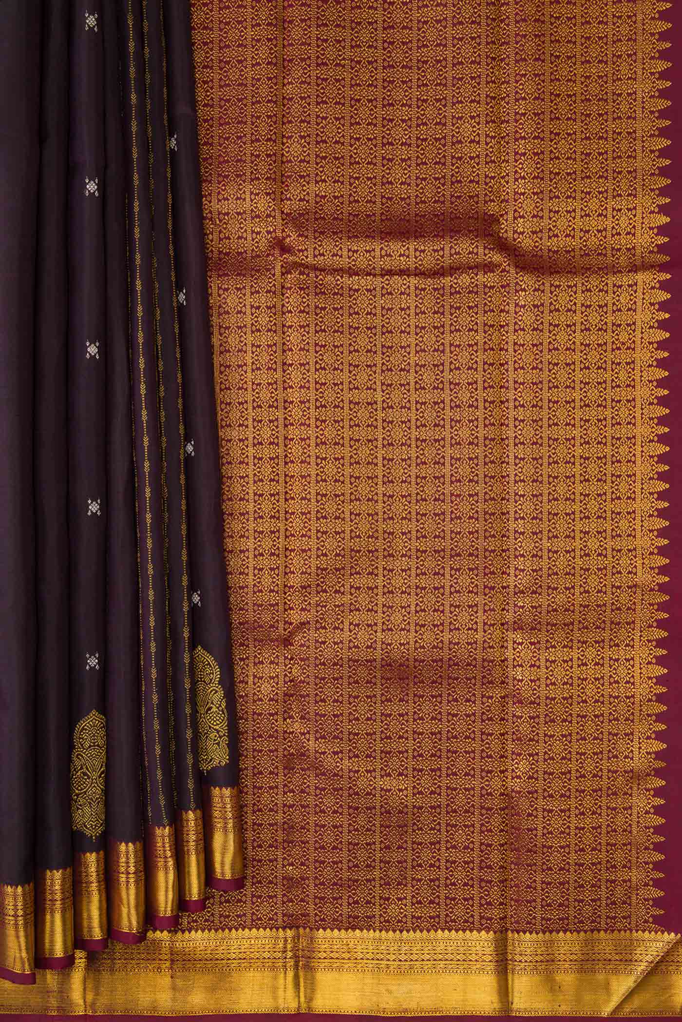 Pleats and pallu of Coffee Brown Dual Tone Kanjivaram Silk Saree with Stripes on the body and Zari Border. 
