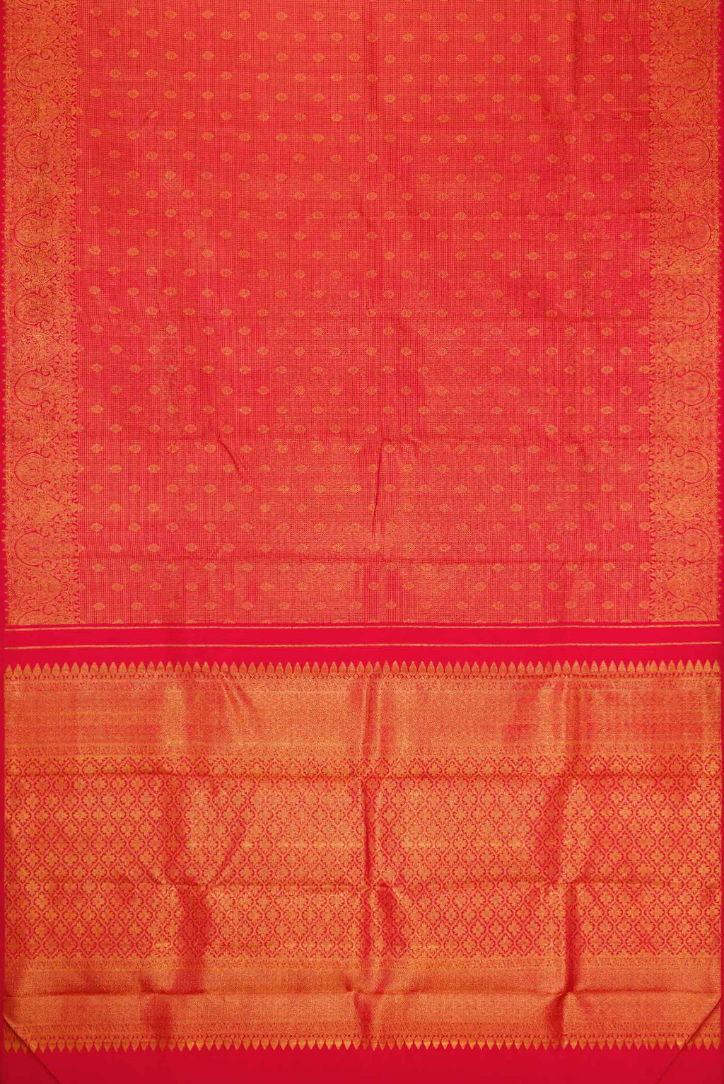 Flat view of Red Dual Tone Kanjivaram Silk Saree with Zari Brocade on the body and Zari Border. 