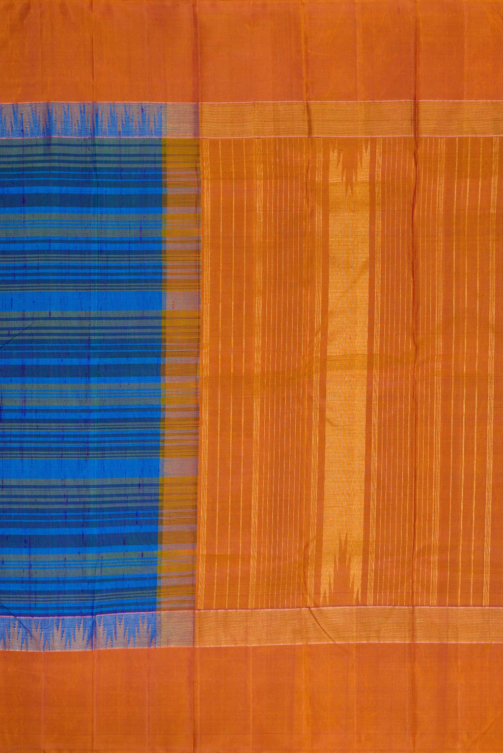 Close up image of the pallu of Blue Dual Tone Kanchipuram Silk Saree with Stripes on the body and Zari Border