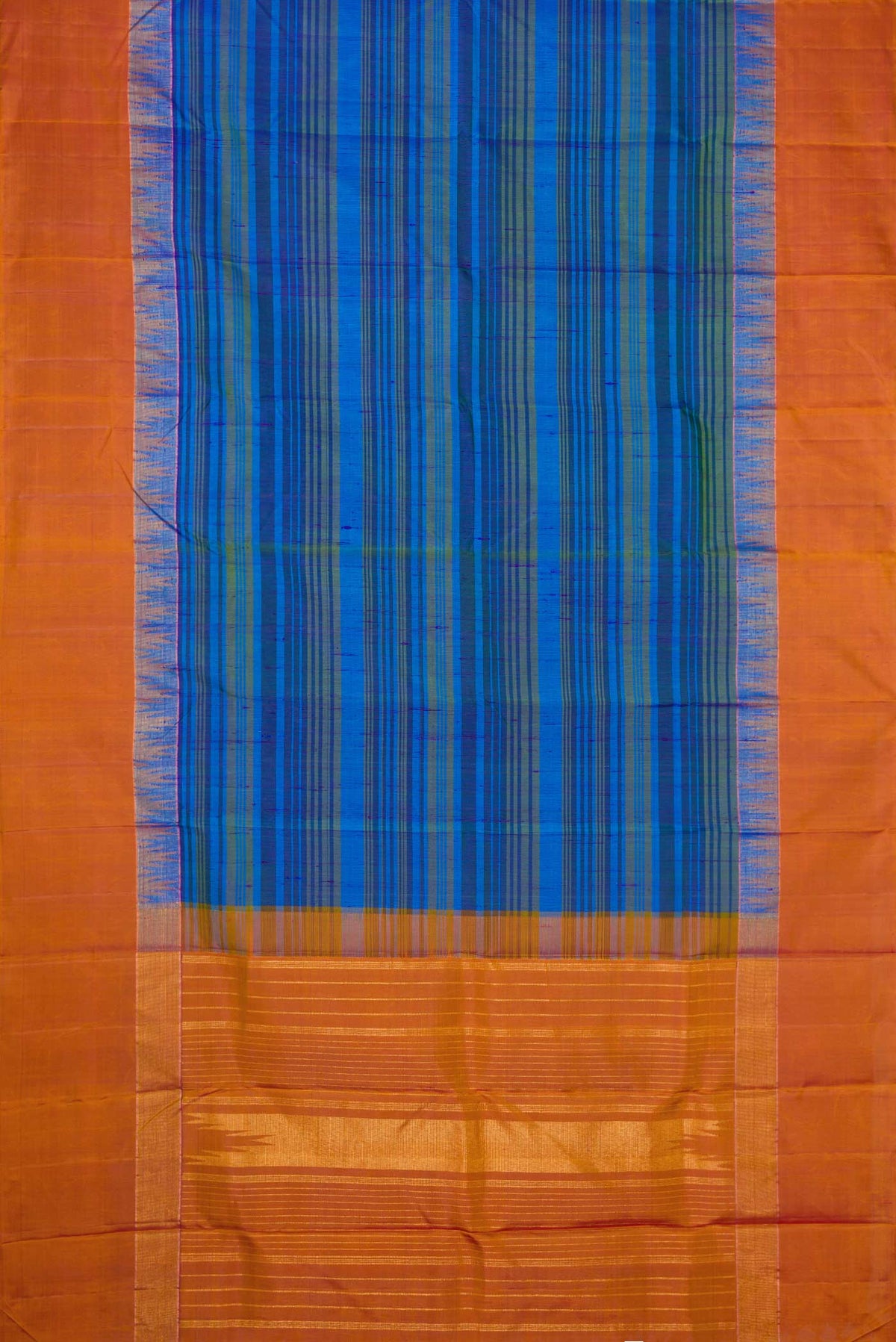Flat view of Blue Dual Tone Kanchipuram Silk Saree with Stripes on the body and Zari Border