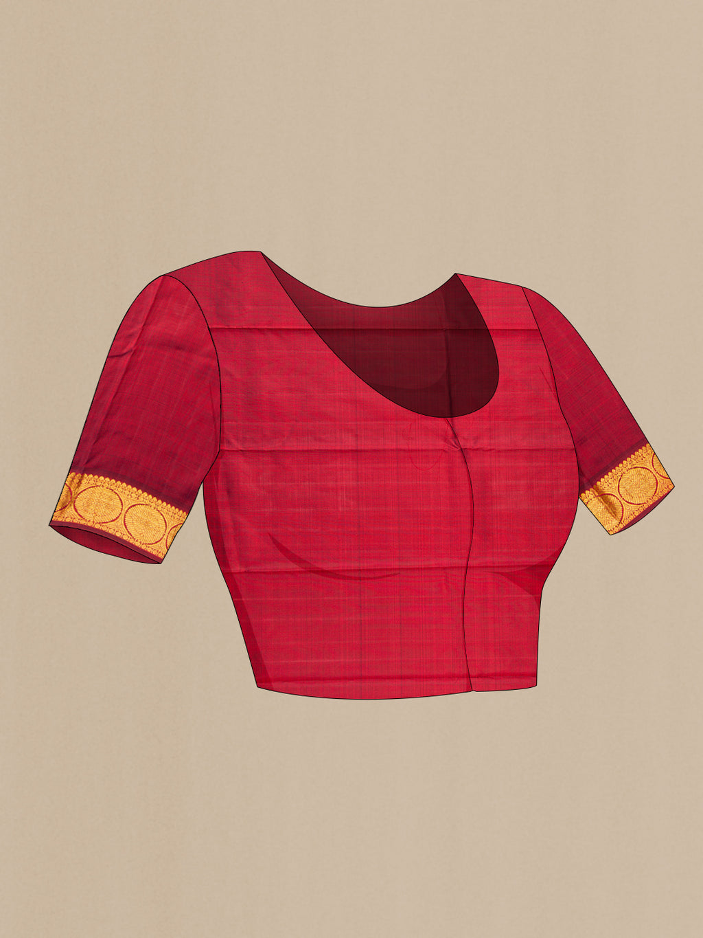 Close up image of the blouse of Red Kanchipuram Silk Saree with Zari Butta on the body and Zari Border. 